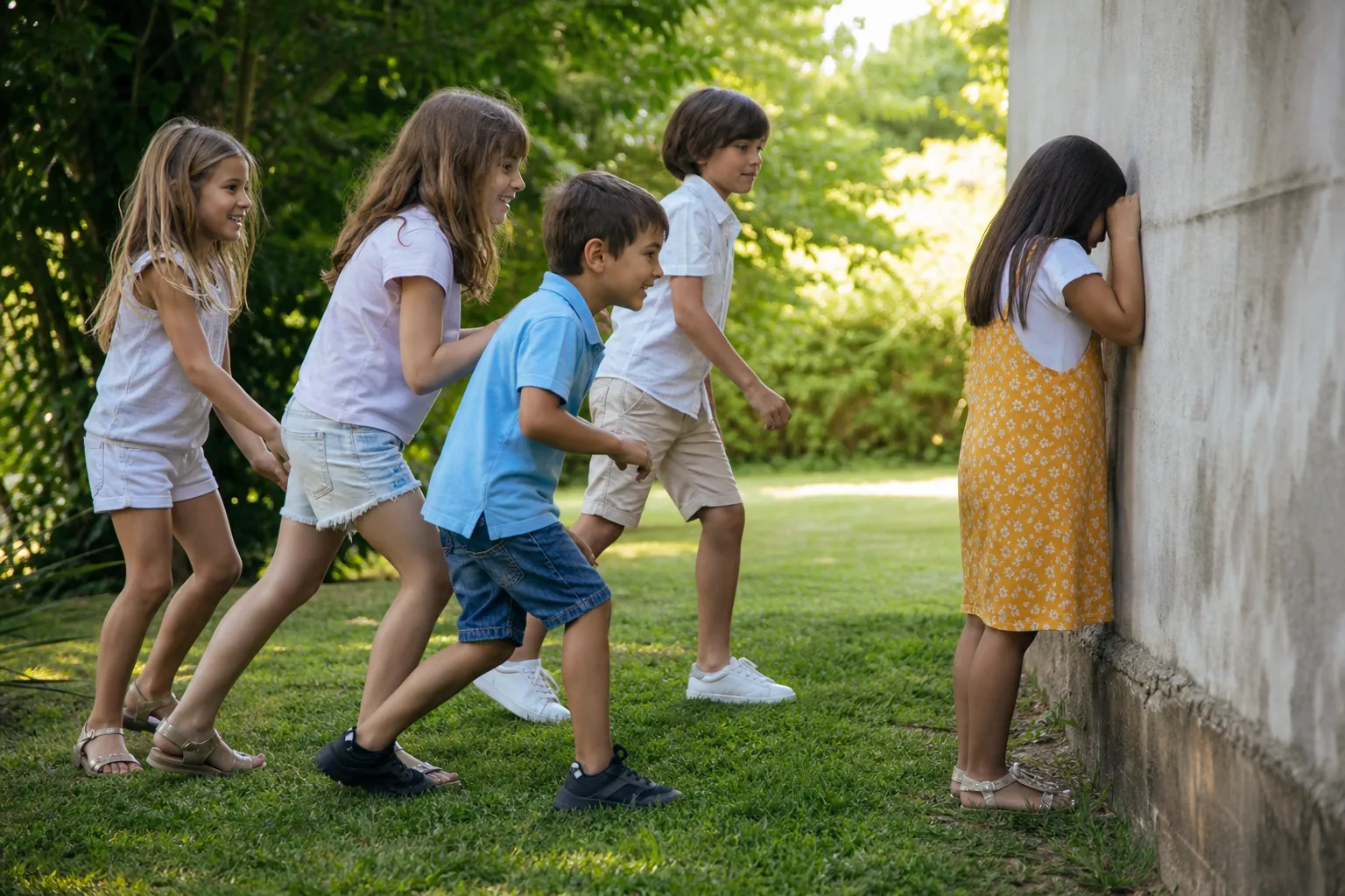 Des enfants figés en pleine course pendant une partie de 1, 2, 3 soleil dans un jardin.