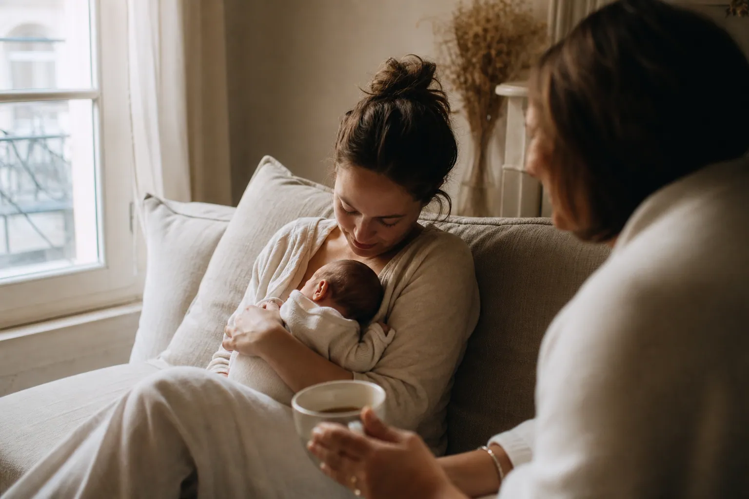 Une nouvelle maman tient son bébé sur le canapé, entourée d’un soutien familial discret.