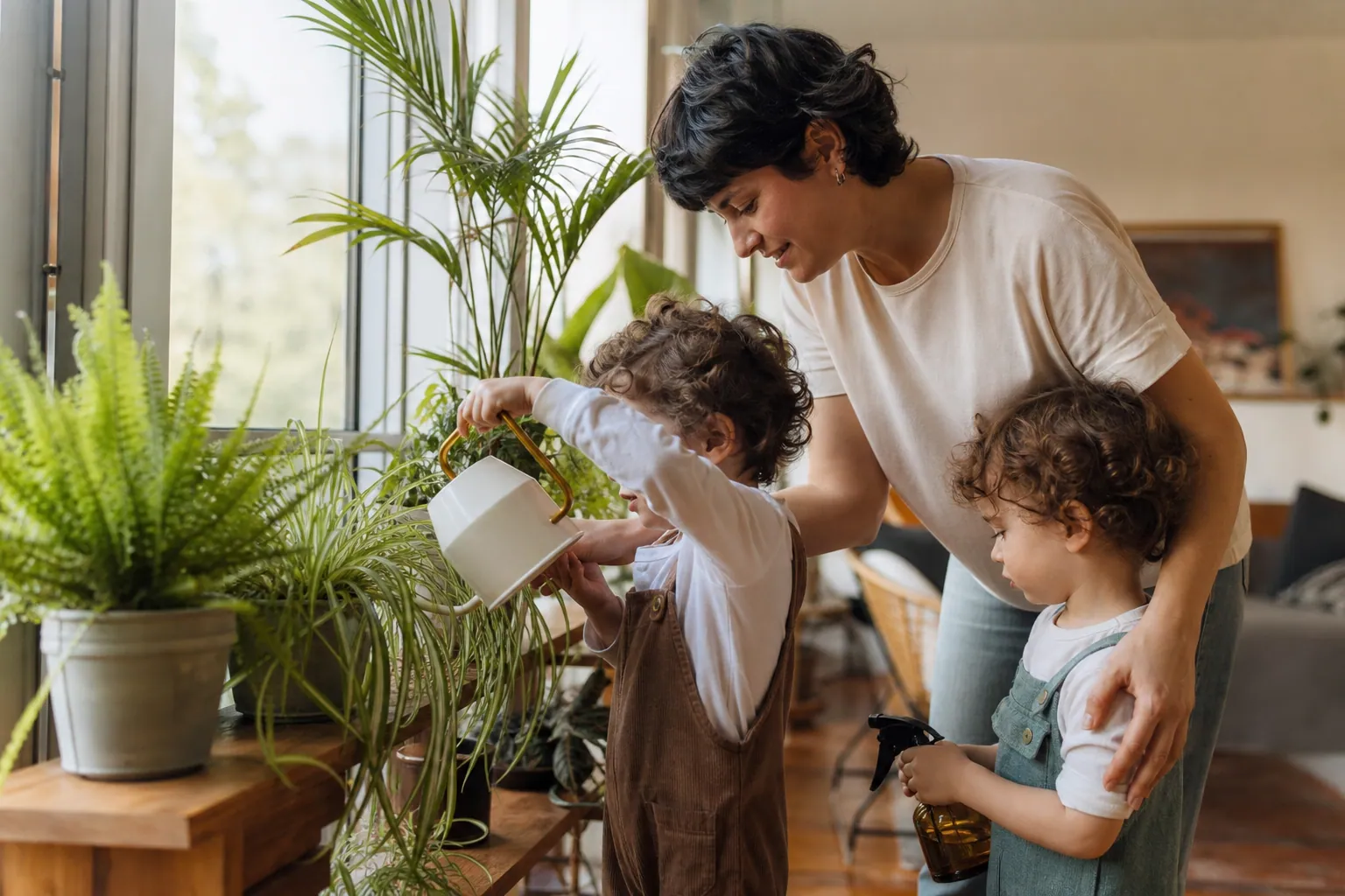 Famille française avec enfants entourée de plantes d’intérieur dans un salon lumineux.