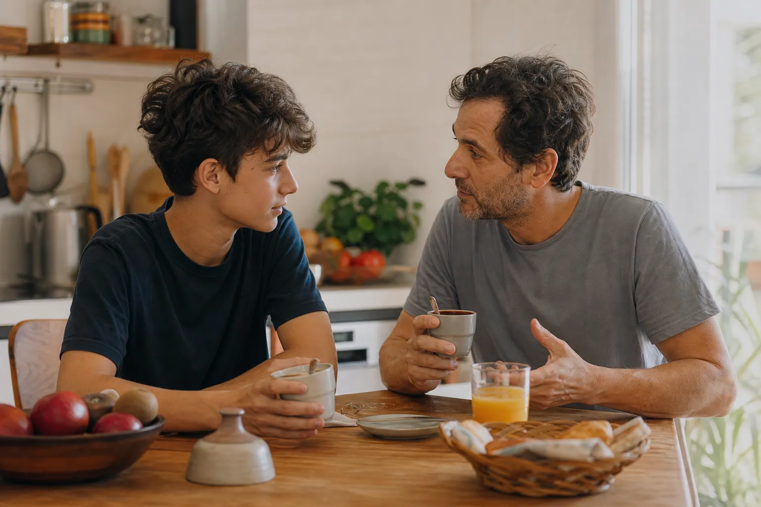 Parent et adolescent discutant d’une petite tasse de café au petit-déjeuner