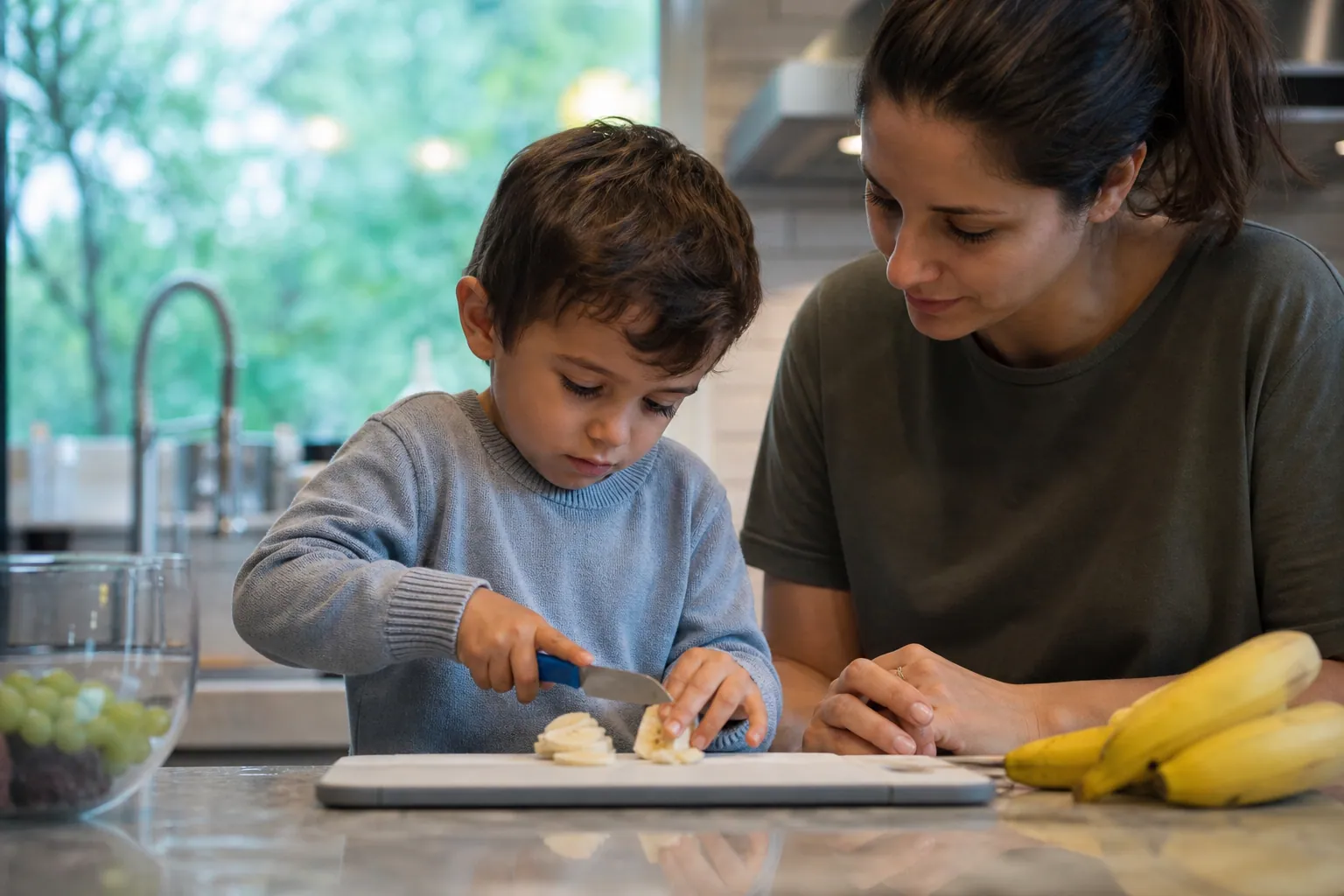 Enfant coupant une banane avec un petit couteau adapté, sous la surveillance d'un parent en cuisine.