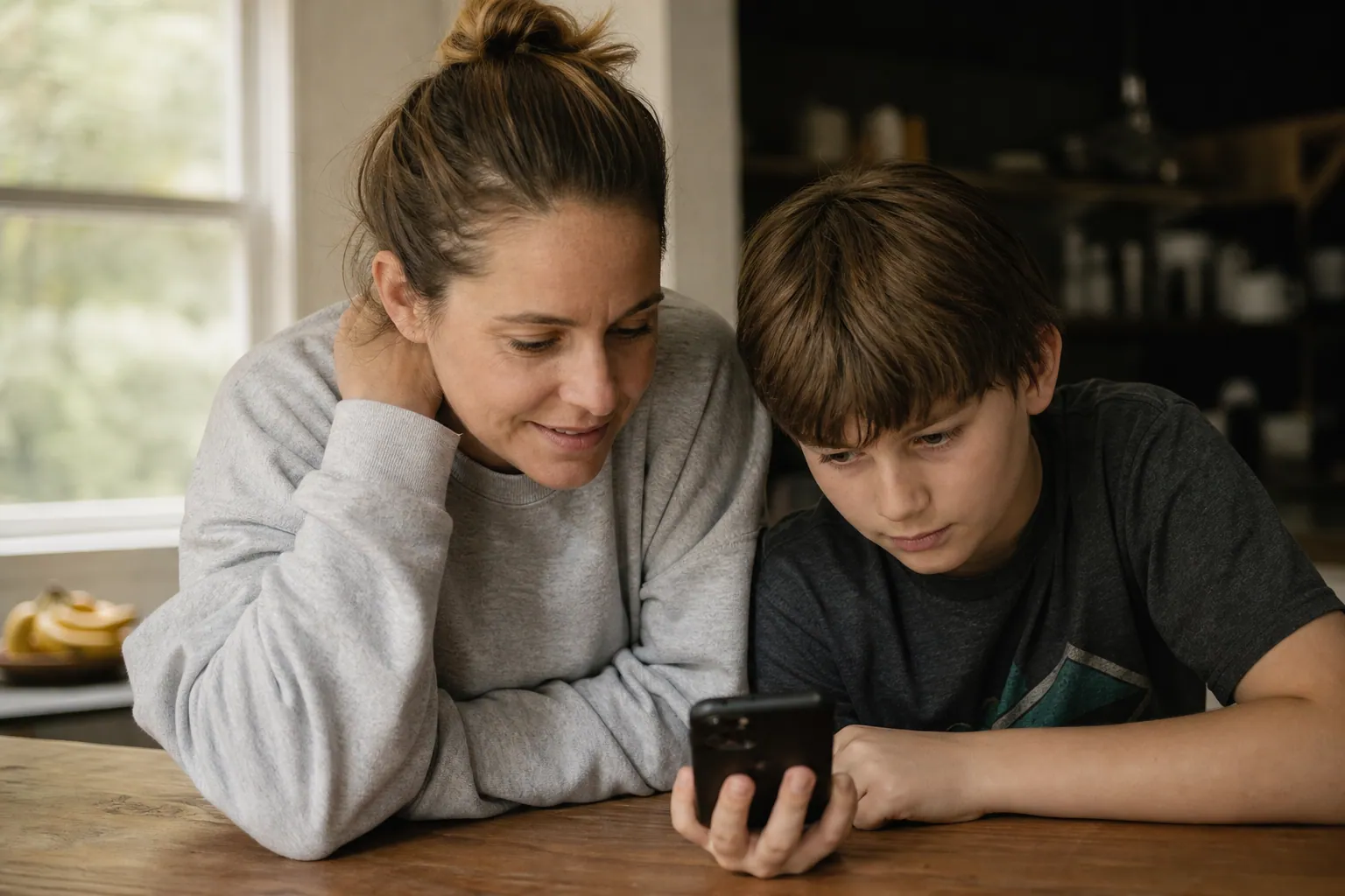 Parent et enfant discutant ensemble autour d'un téléphone portable à la table de la cuisine.