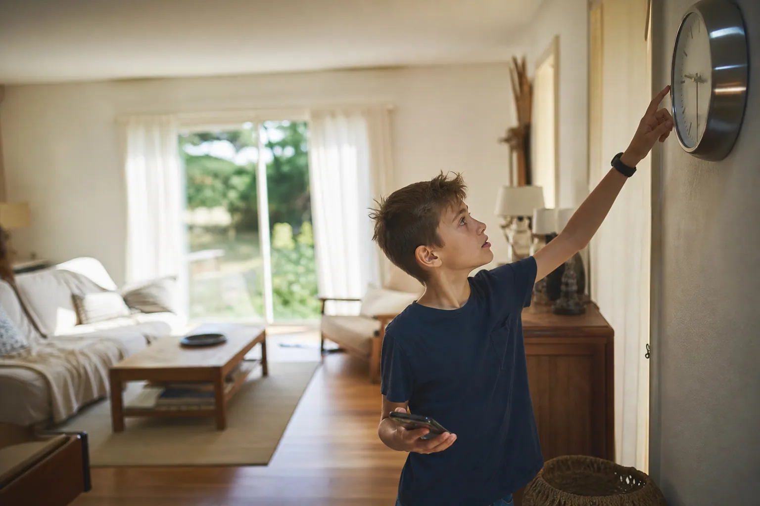 Enfant seul à la maison dans un salon lumineux, vérifiant l'heure avec un téléphone à la main.
