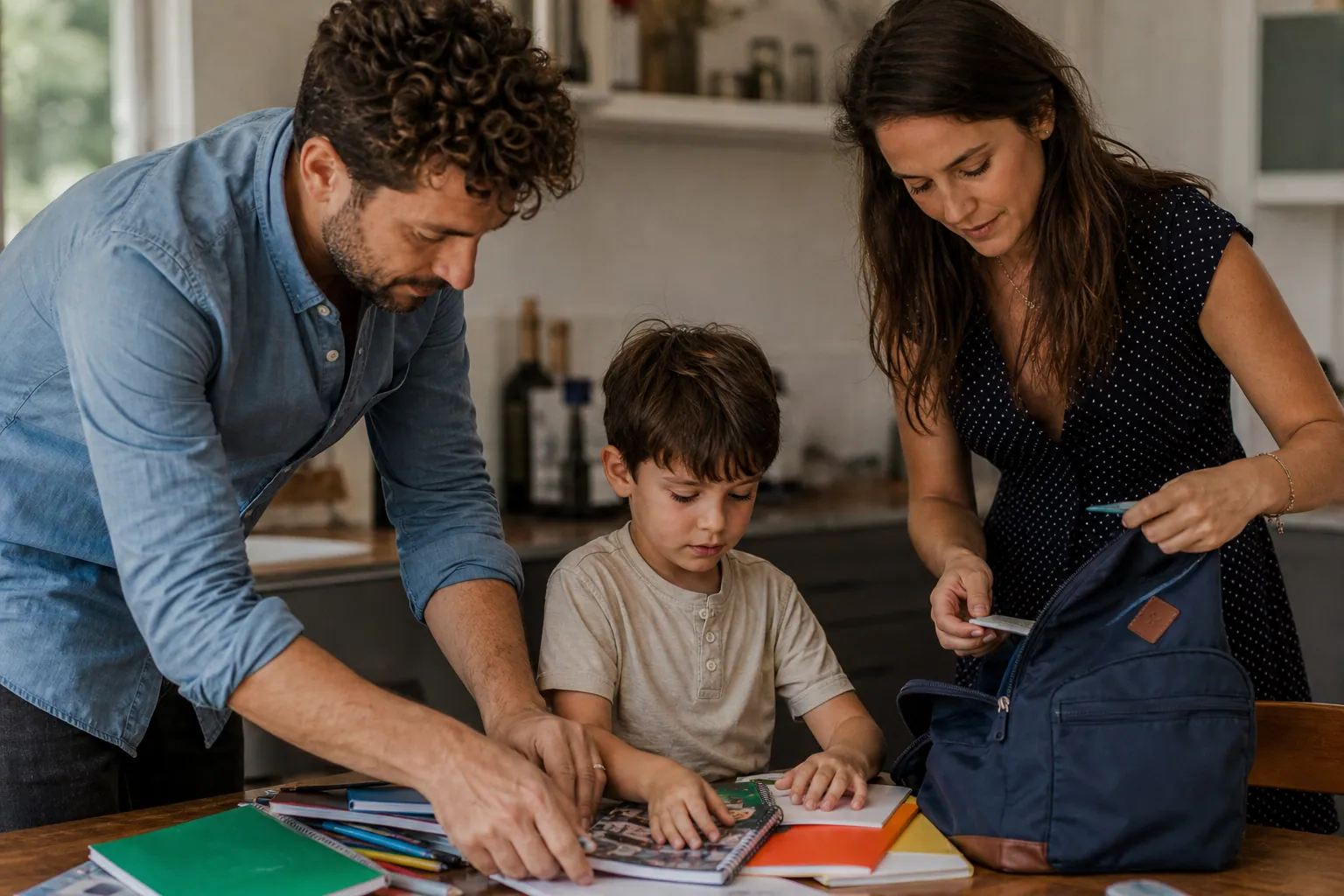 Parents et enfant préparent ensemble les fournitures scolaires à la maison avant la rentrée.