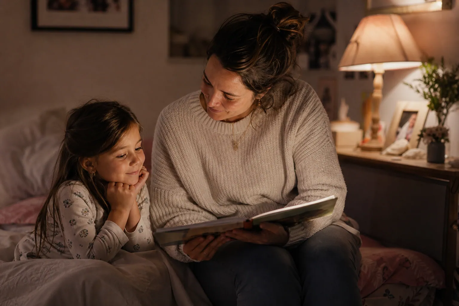 Parent lisant une histoire à son enfant au moment du coucher, dans une chambre chaleureuse.