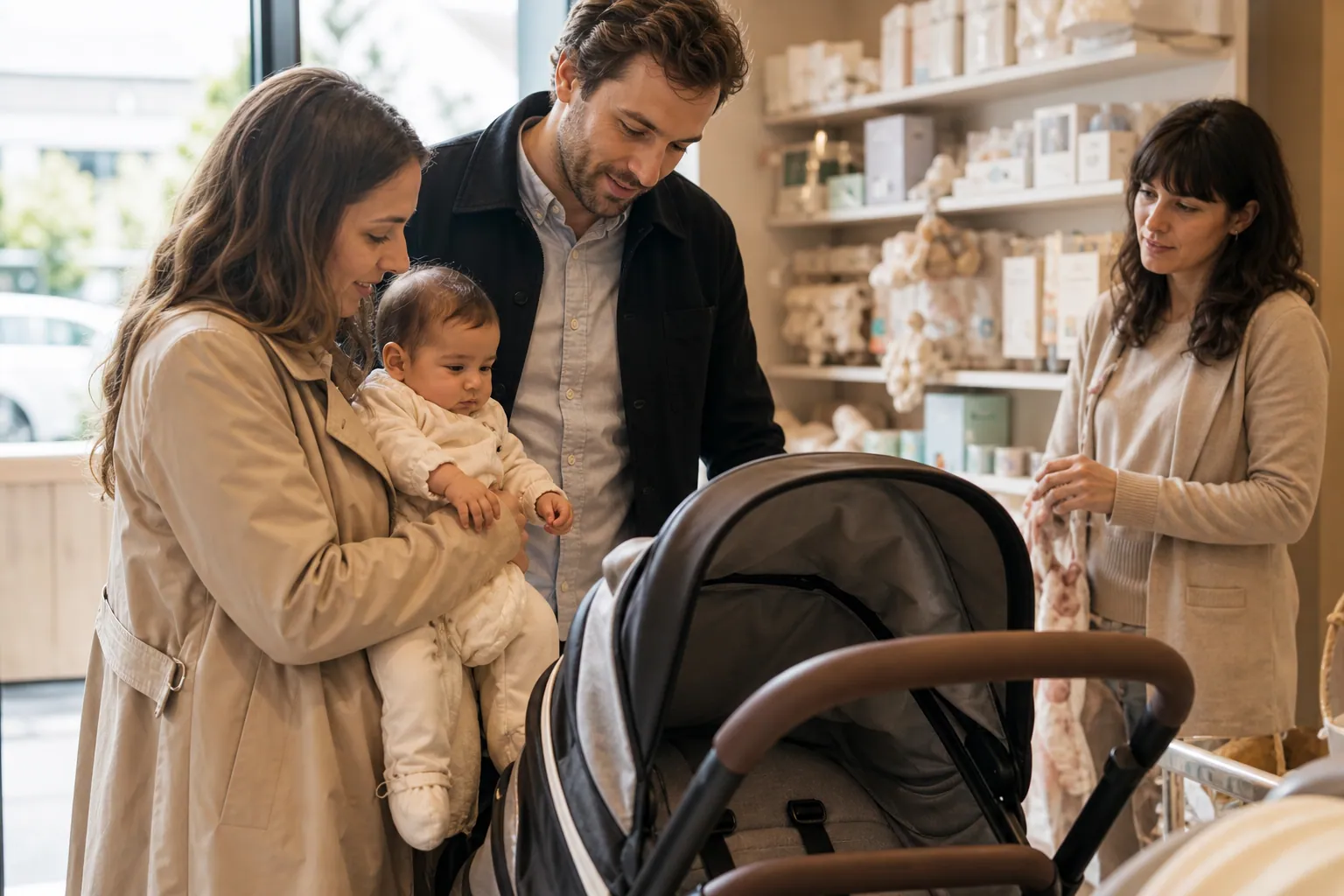 Parents français en boutique spécialisée bébé, conseillés face à une poussette et des articles de puériculture.