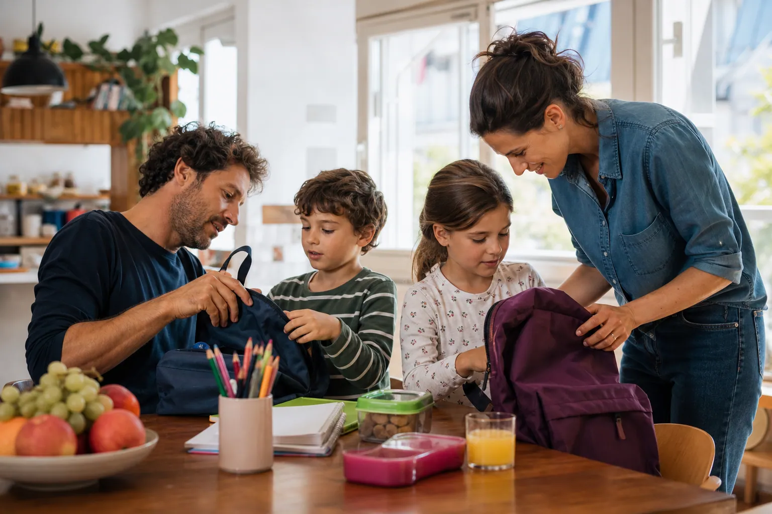 Parents aidant leurs enfants à préparer les fournitures de rentrée autour de la table.