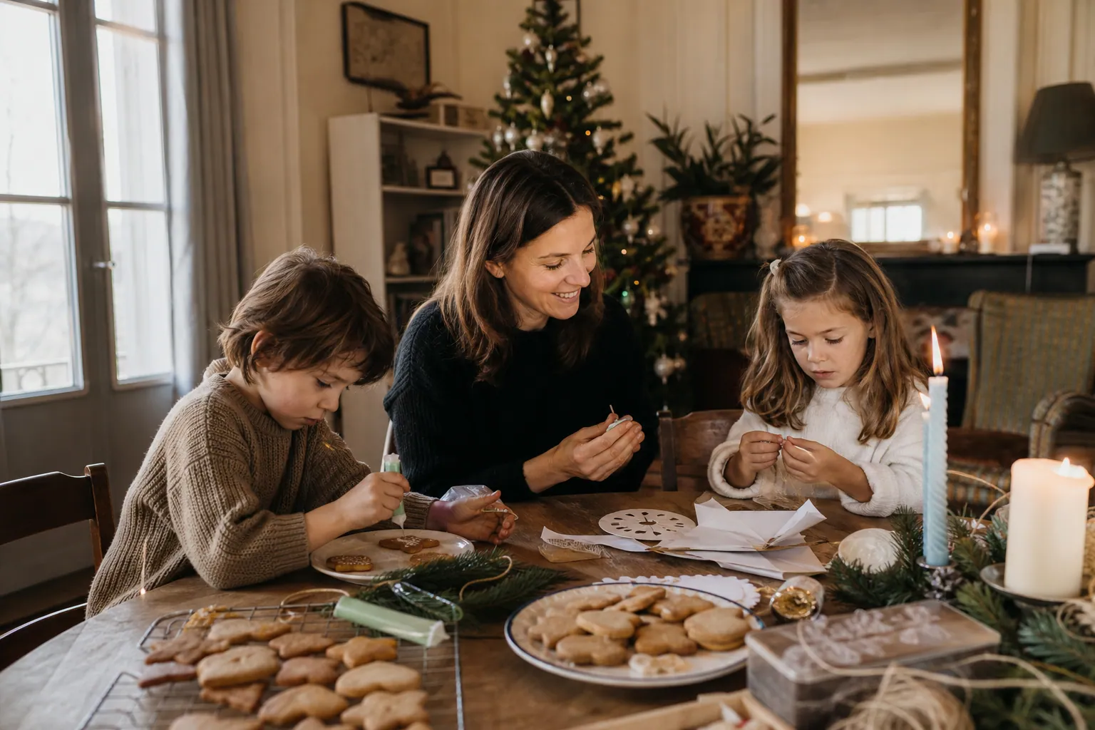 Famille française décorant des sablés et des ornements de Noël avec deux enfants