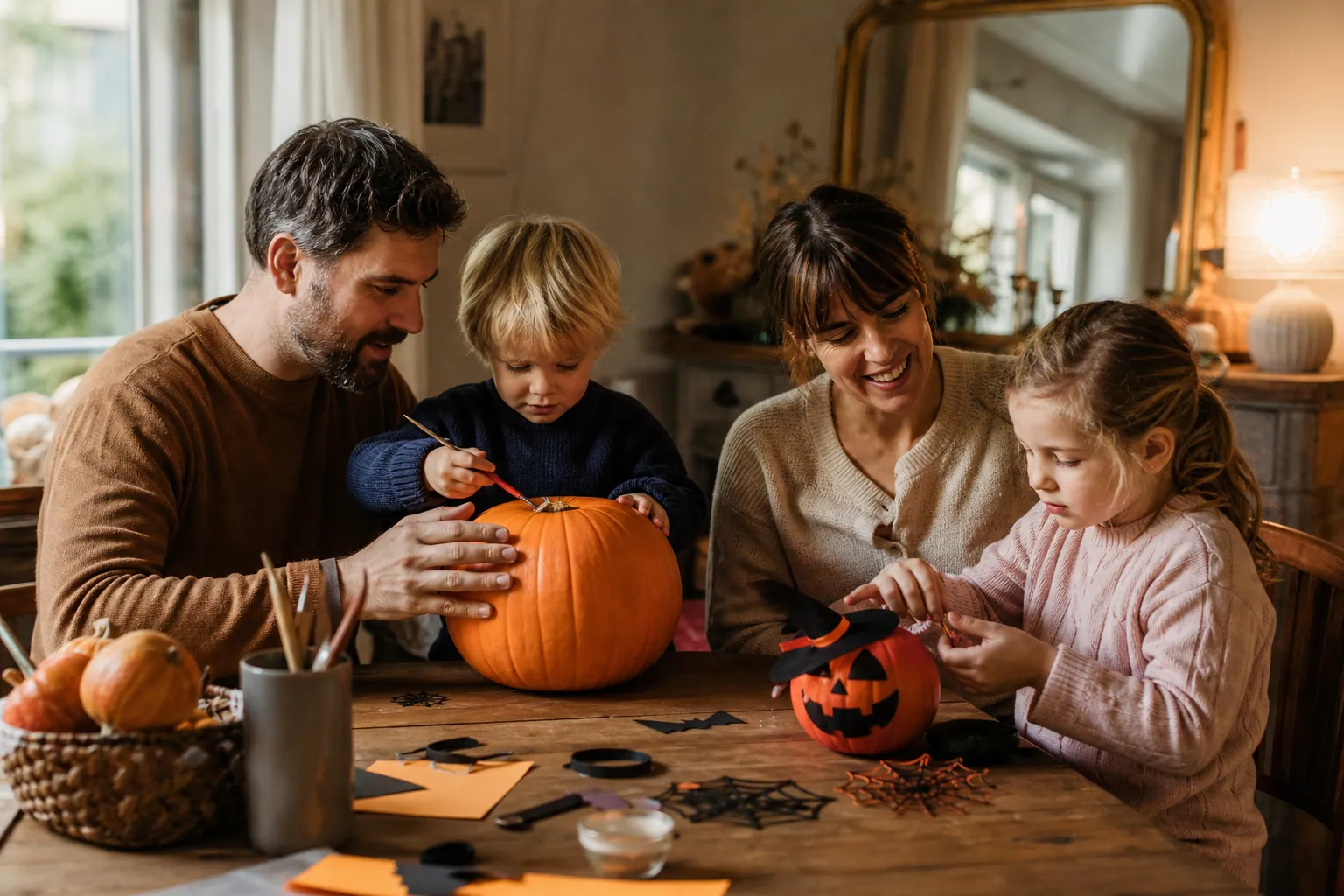 Enfants déguisés décorant une citrouille à la maison, ambiance chaleureuse d’Halloween.