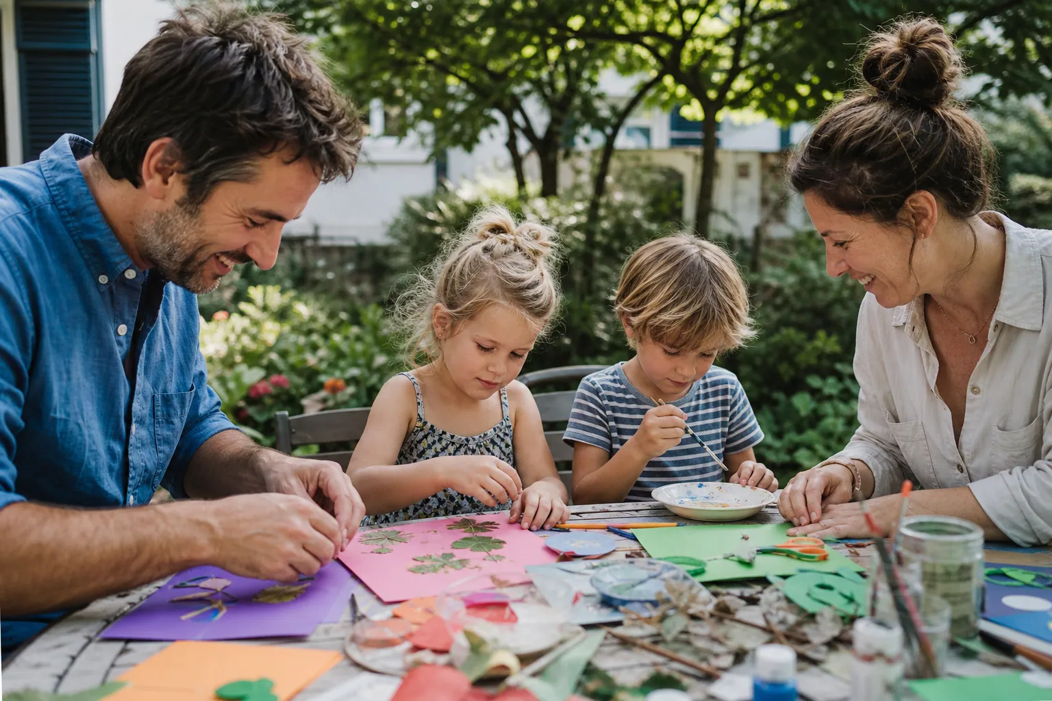 Enfants fabriquant des bricolages d’été avec leurs parents autour d’une table au jardin.
