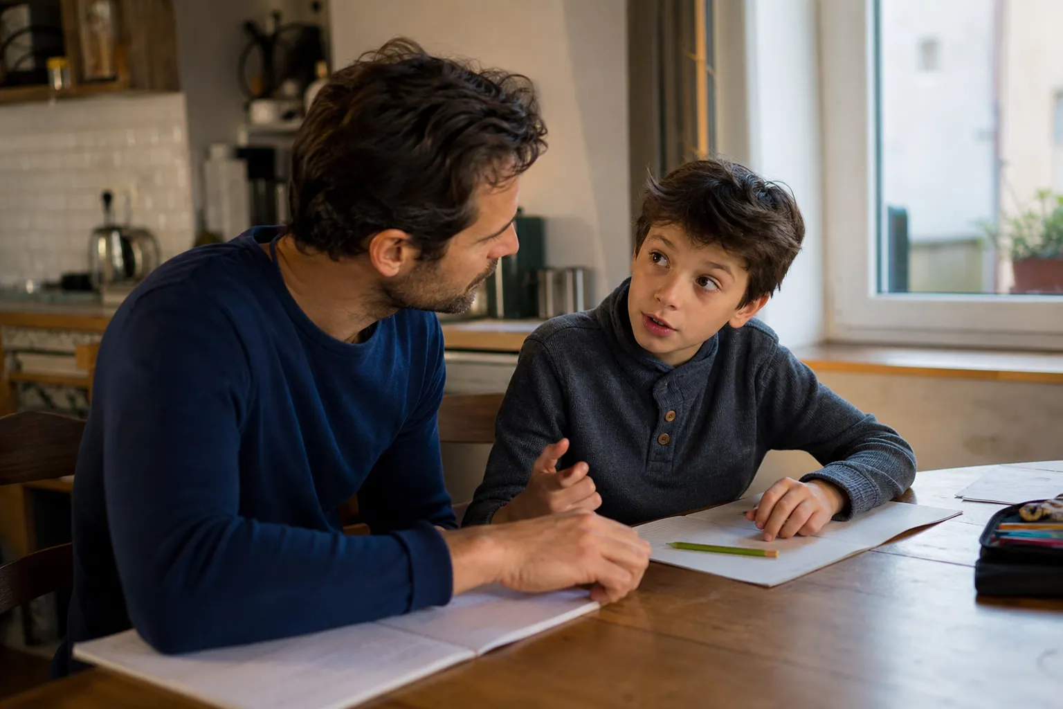 Parent aidant son enfant à formuler une question à la table de la cuisine
