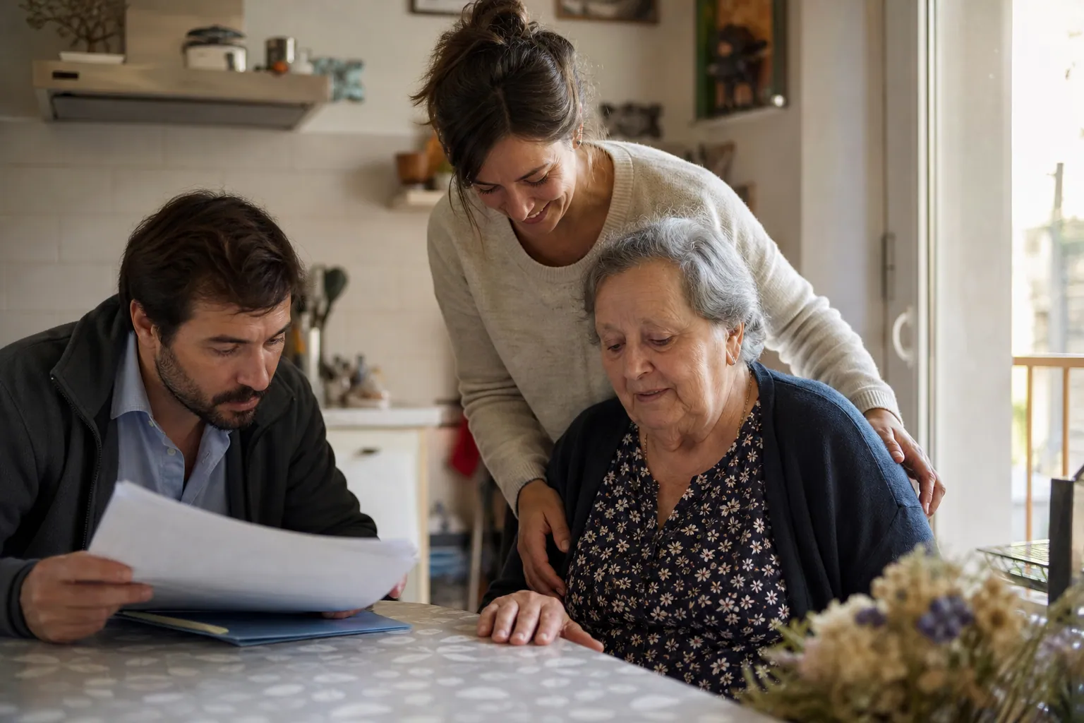 Fille aidant sa mère âgée à la maison, avec dossier d’aides à portée de main.