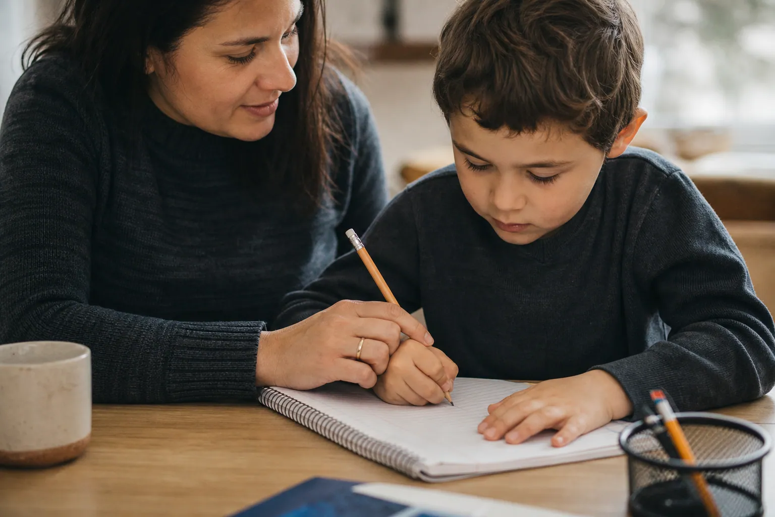 Enfant gaucher écrivant avec application dans un cahier incliné, accompagné par un parent.