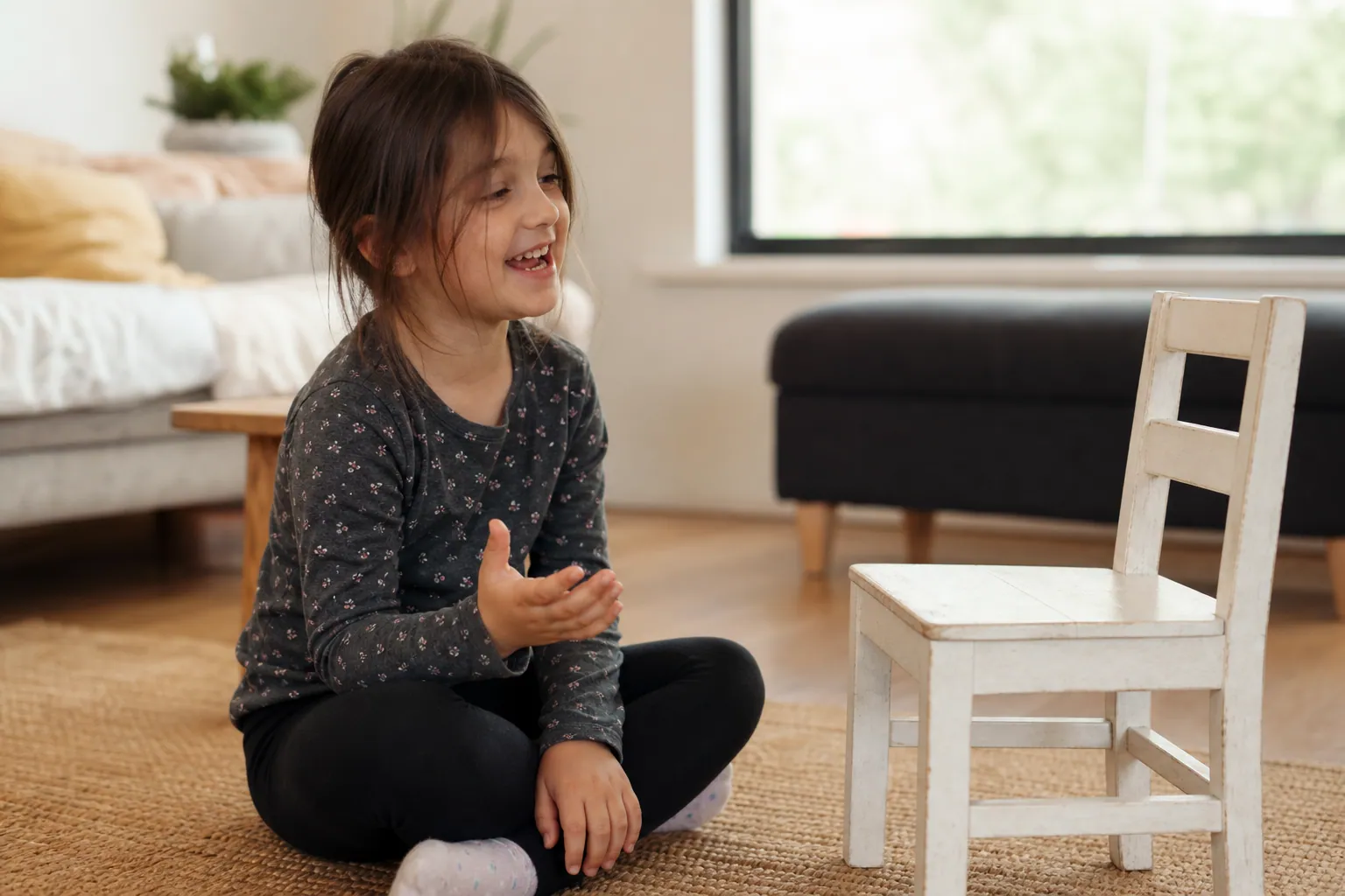 Un enfant joue et parle joyeusement seul dans un salon lumineux