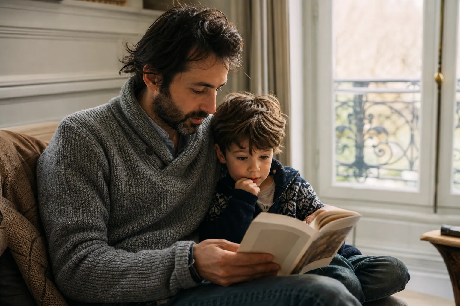 Parent et enfant lisant un poème ensemble dans un salon chaleureux