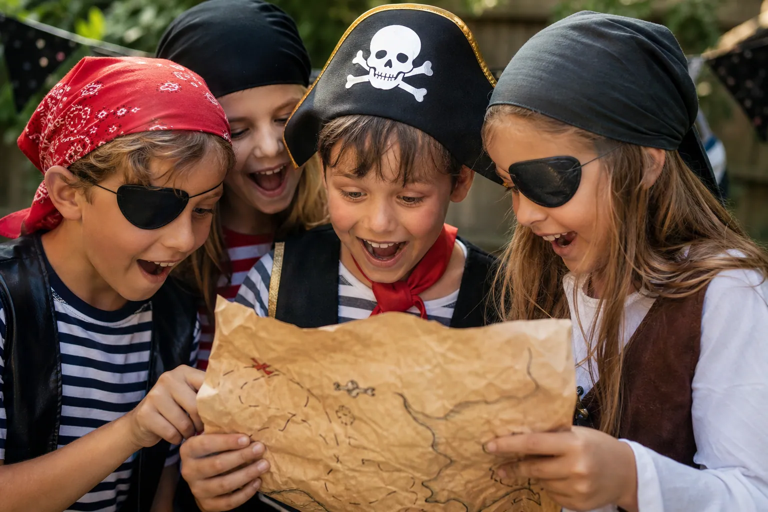 Des enfants déguisés en pirates examinent une carte au trésor dessinée à la main dans un jardin.