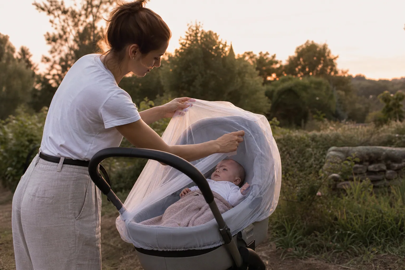 Parent français protégeant un bébé avec une moustiquaire en extérieur