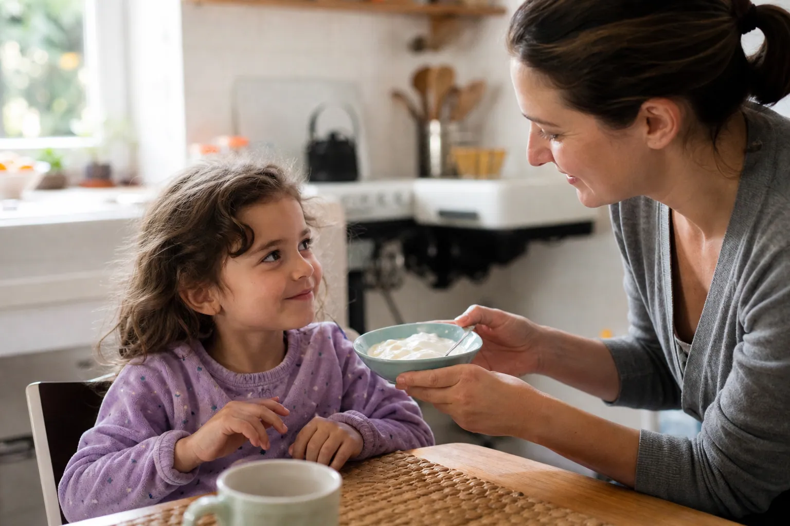 Un parent propose un yaourt froid à un enfant à table dans une cuisine lumineuse.