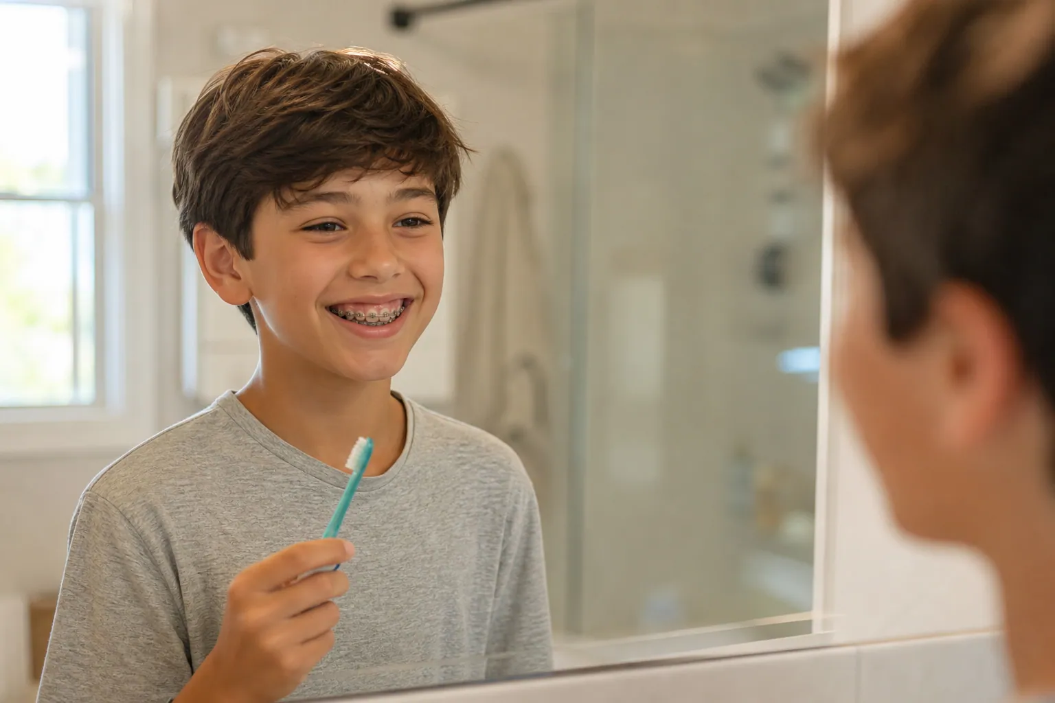 Un enfant souriant avec un appareil dentaire se brosse les dents devant un miroir.