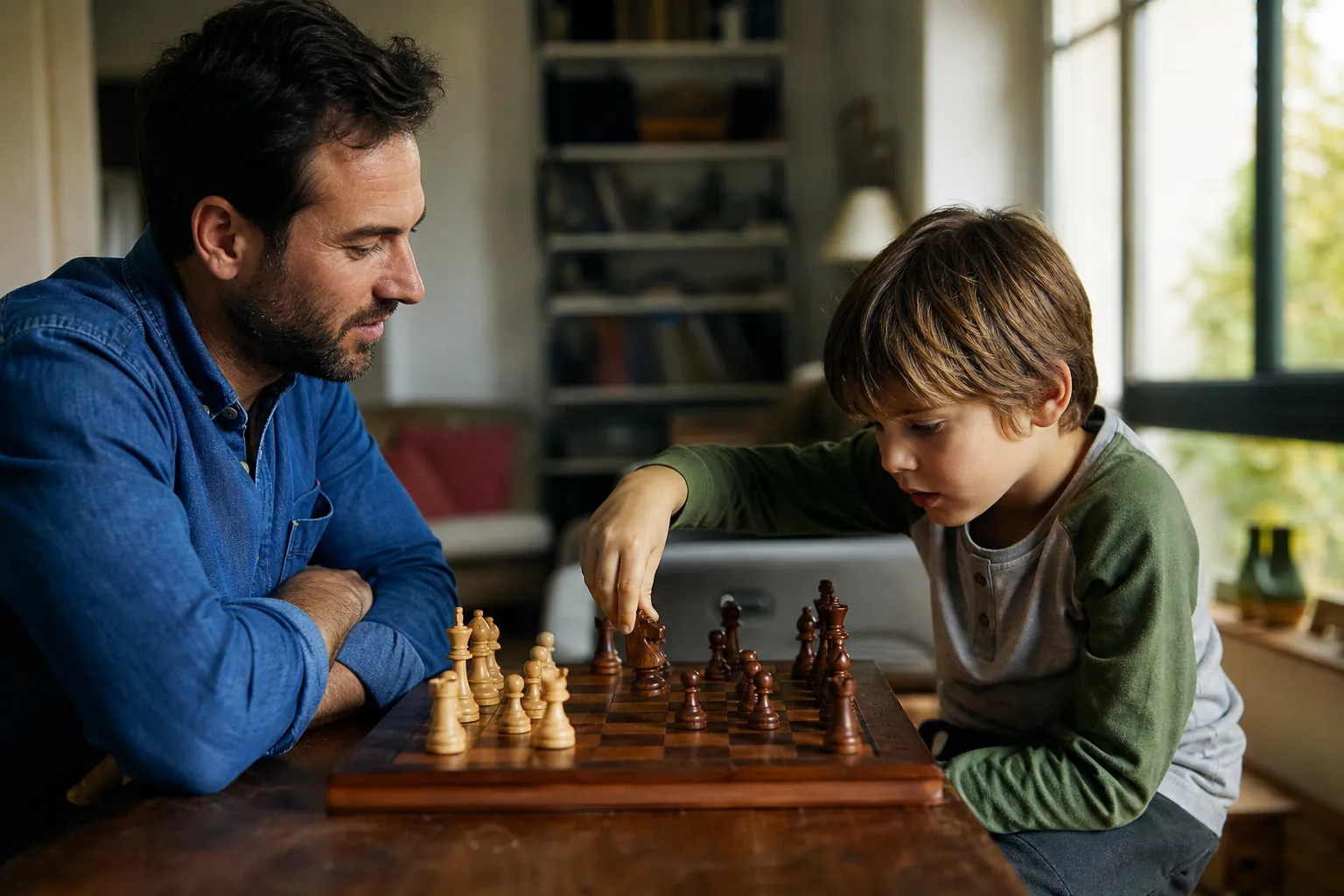 Un enfant réfléchit, la main au-dessus d'une pièce, en jouant aux échecs avec son père.