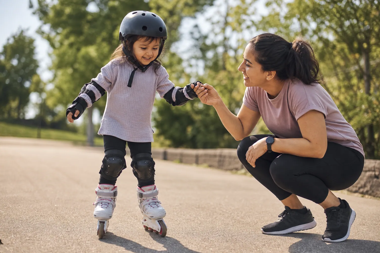 Un enfant casqué apprend le roller dans un parc, tenu par la main d'un parent souriant.