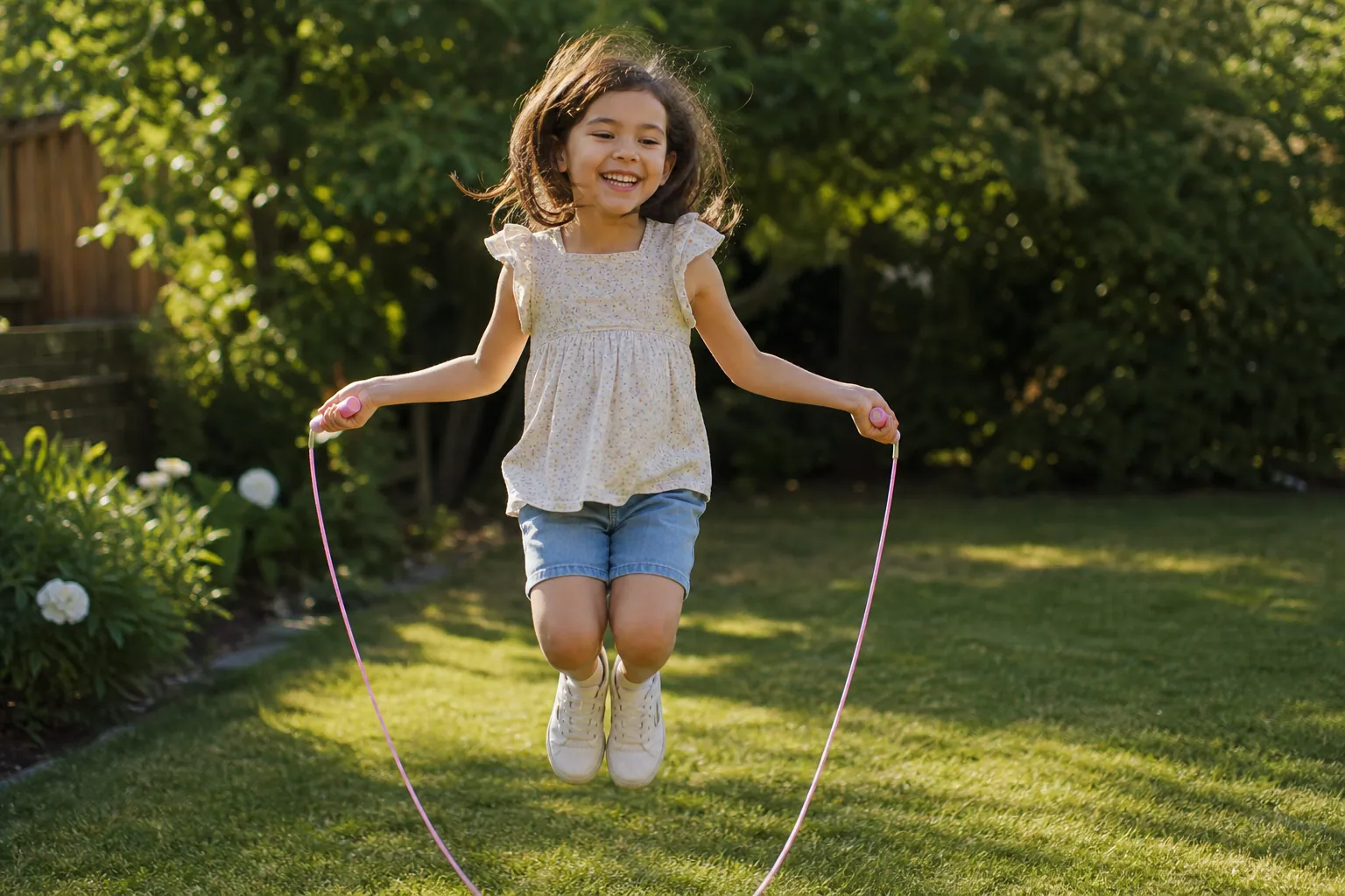 Un enfant souriant saute à la corde dans un jardin ensoleillé.