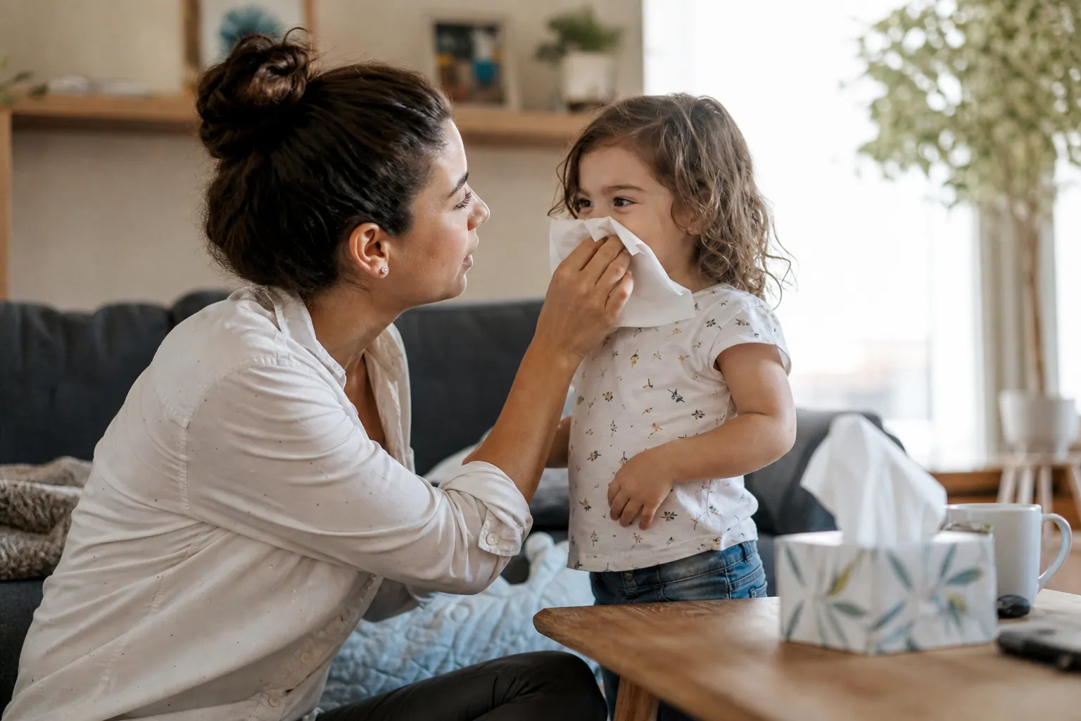 Une mère aide son jeune enfant à se moucher avec un mouchoir, à hauteur d'yeux, dans un salon lumineux.