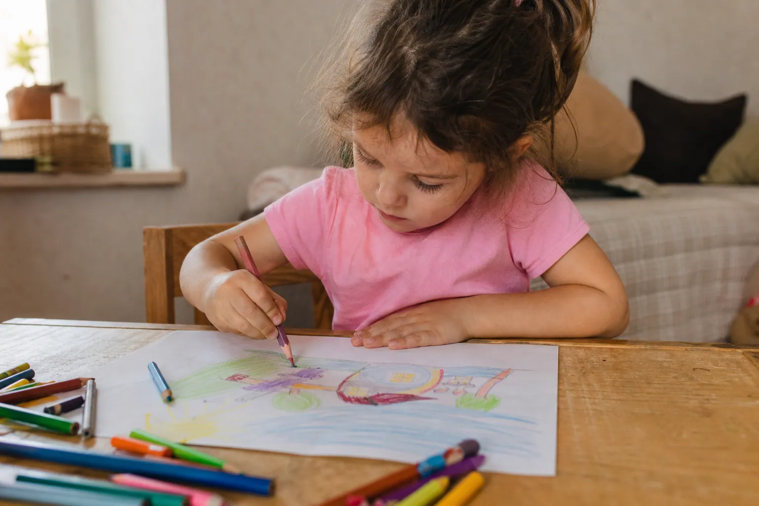 Un enfant concentré dessine avec un crayon court tenu à trois doigts, l'autre main tenant la feuille.