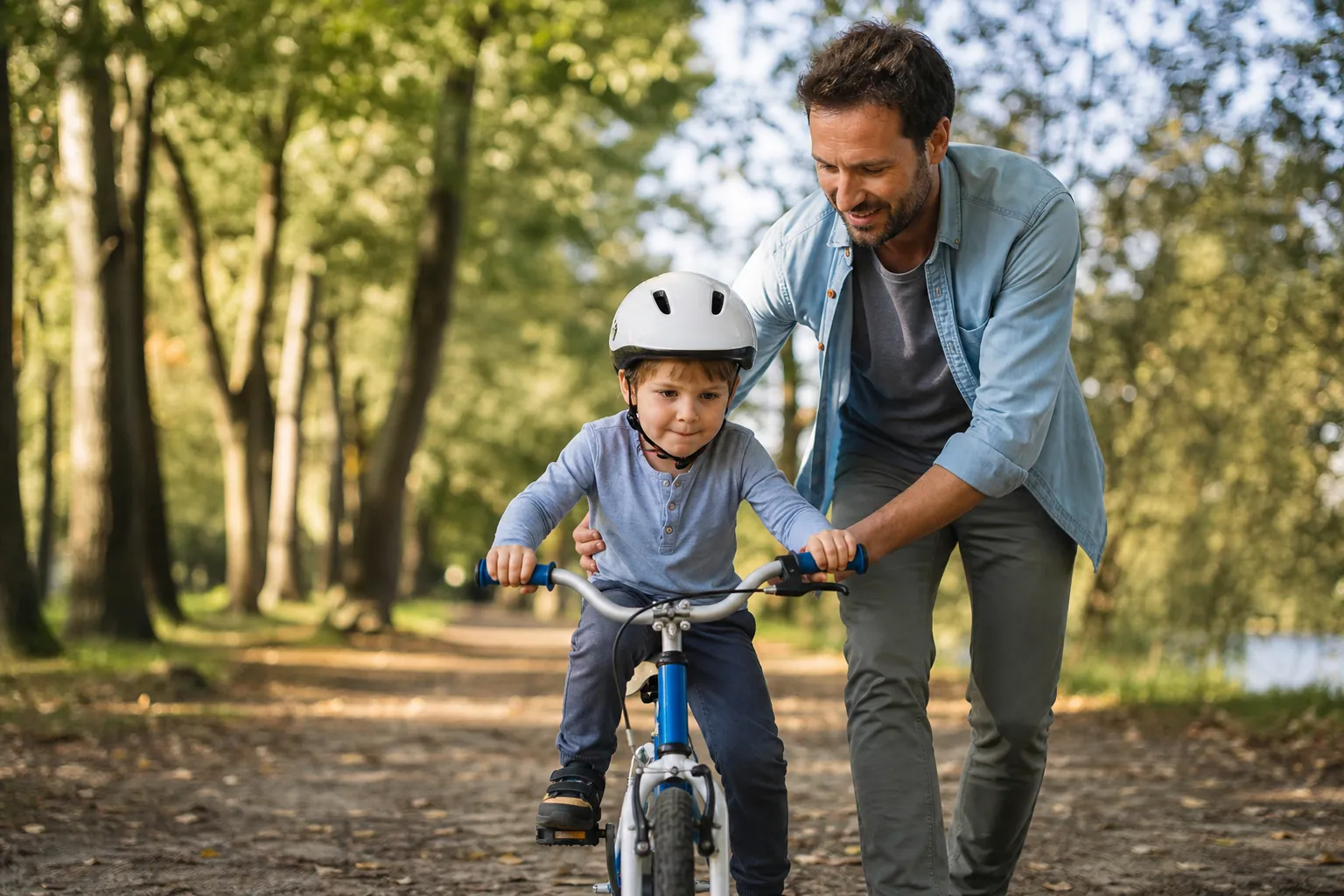 Parent aidant son enfant à faire du vélo sur un chemin de parc, casque bien ajusté.