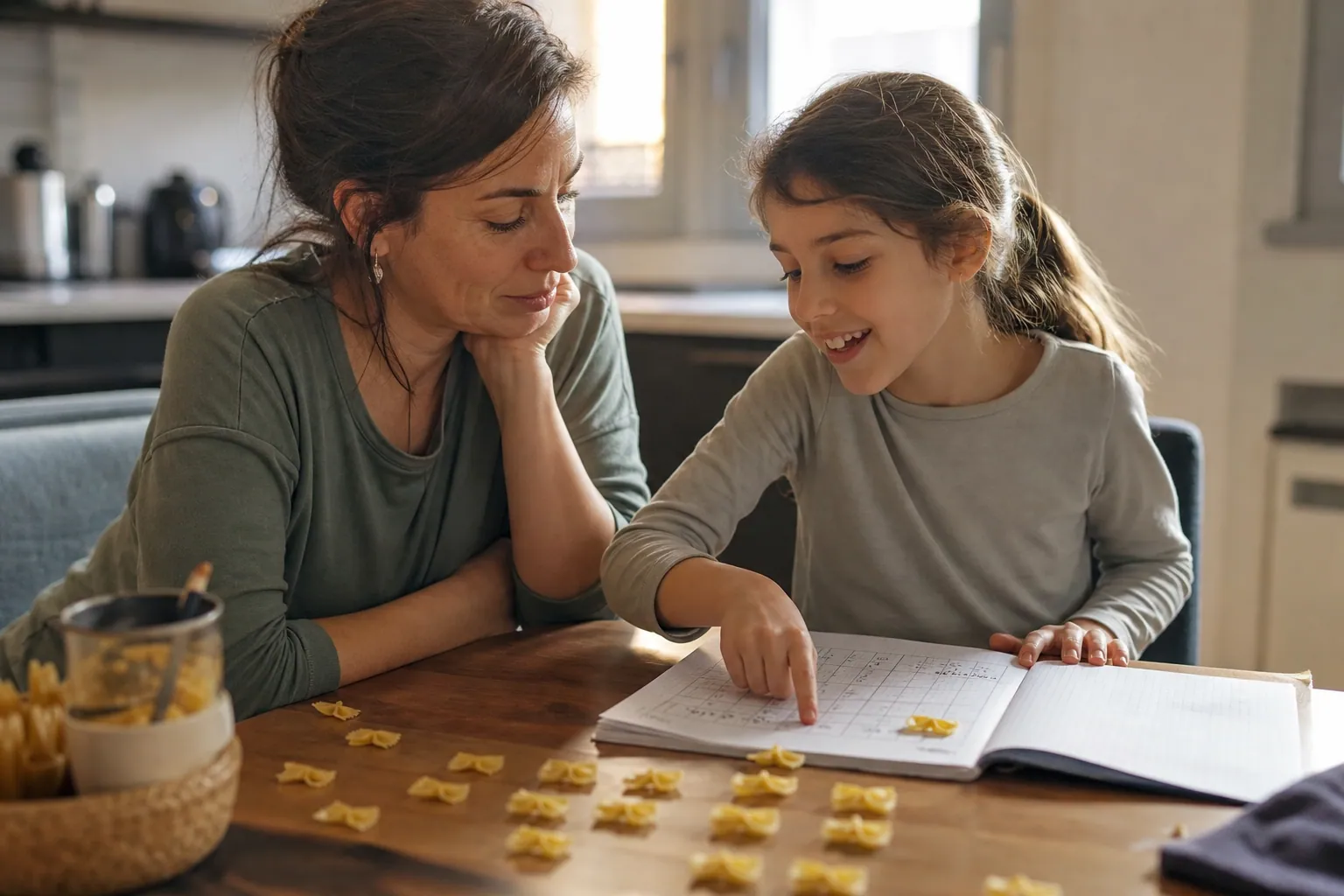 Un parent et son enfant révisent les multiplications à la table de la cuisine avec des pâtes en rangées.