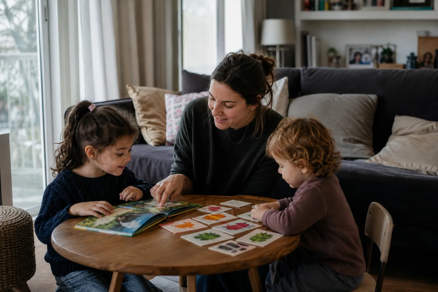 Parent lisant un livre en anglais avec deux enfants dans un salon chaleureux.