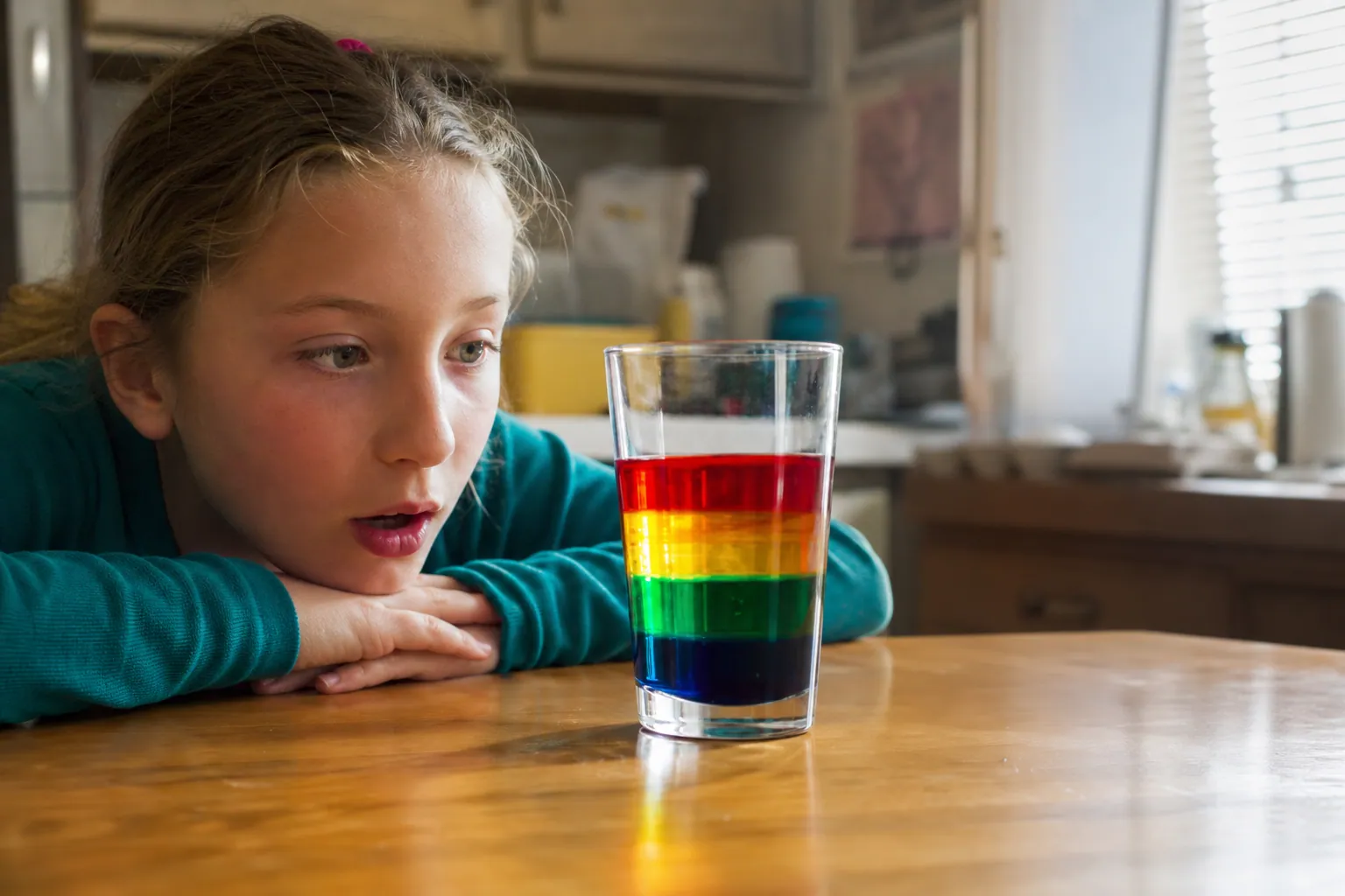 Un enfant observe un verre transparent rempli de couches d'eau colorée superposées.