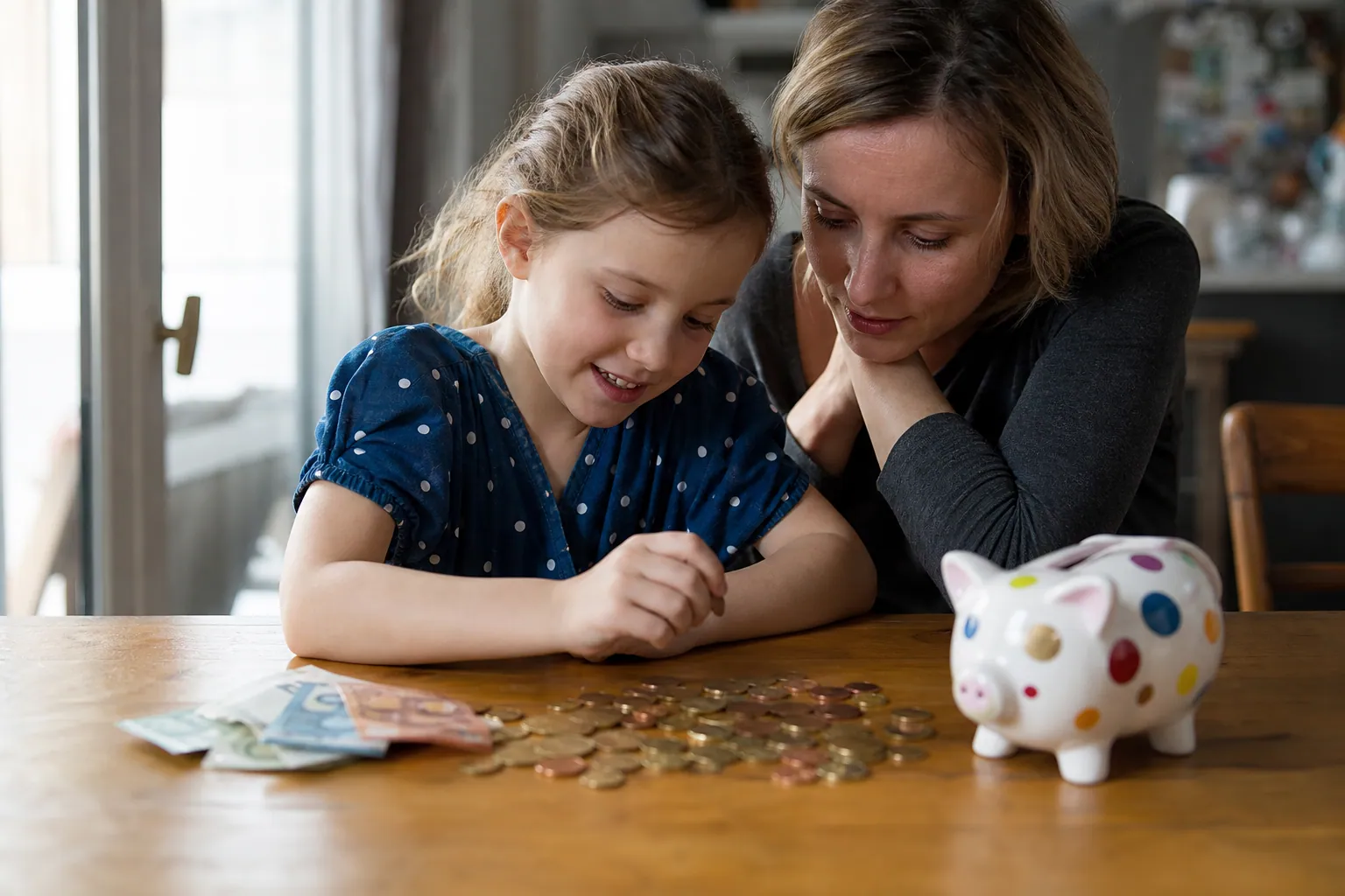 Parent et enfant comptant ensemble des pièces d'une tirelire colorée sur une table de cuisine.