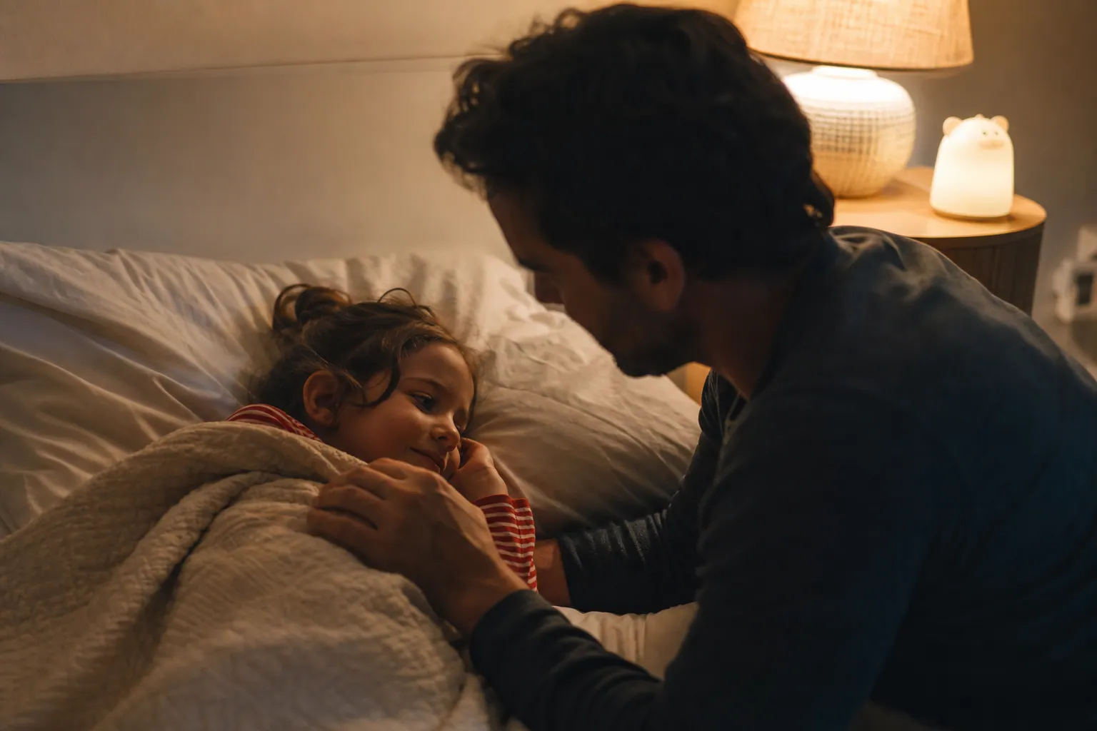 Un parent borde son enfant dans son lit le soir, dans une chambre à la lumière douce et chaleureuse