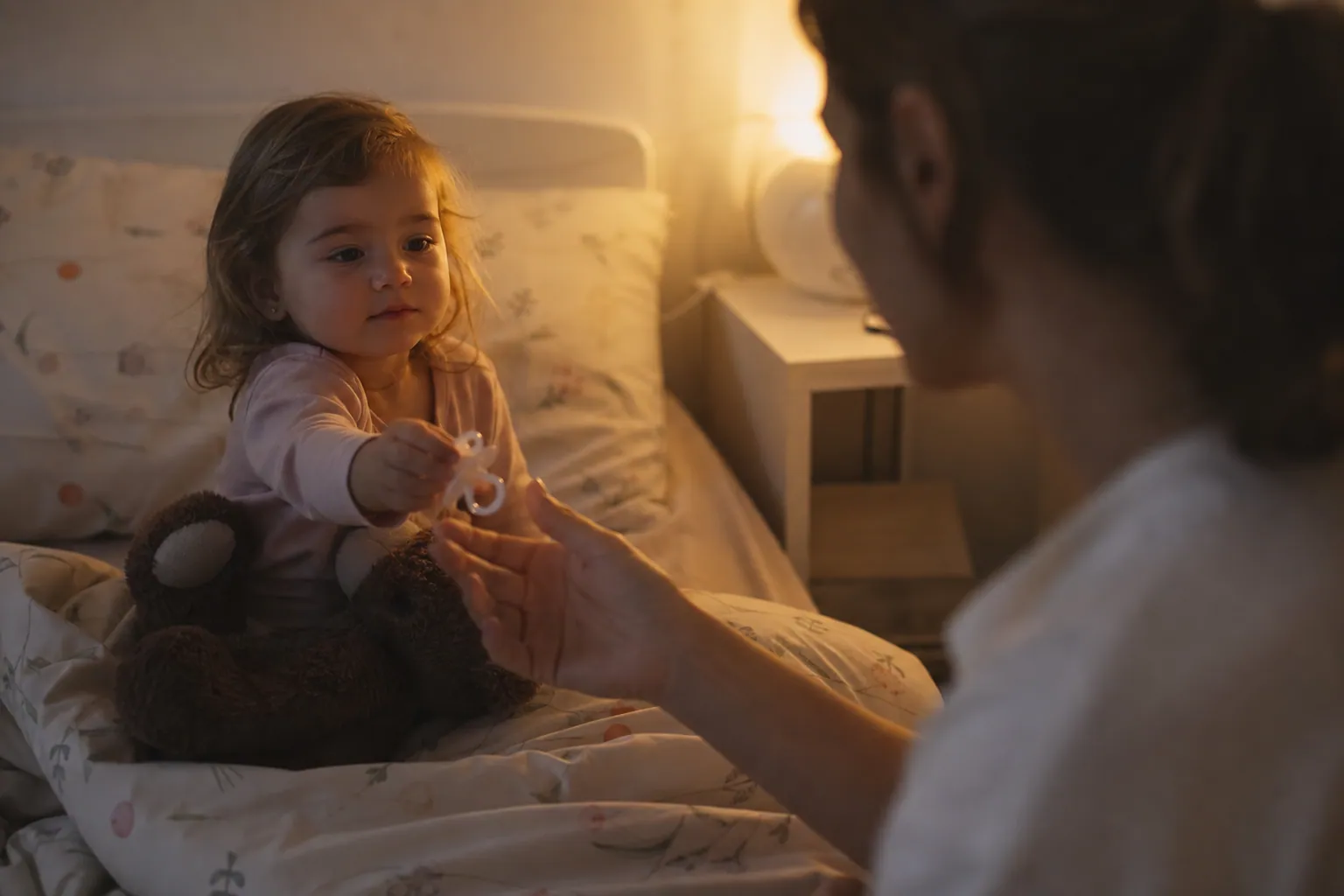 Enfant en pyjama tendant sa tétine à un parent dans une chambre chaleureuse le soir.