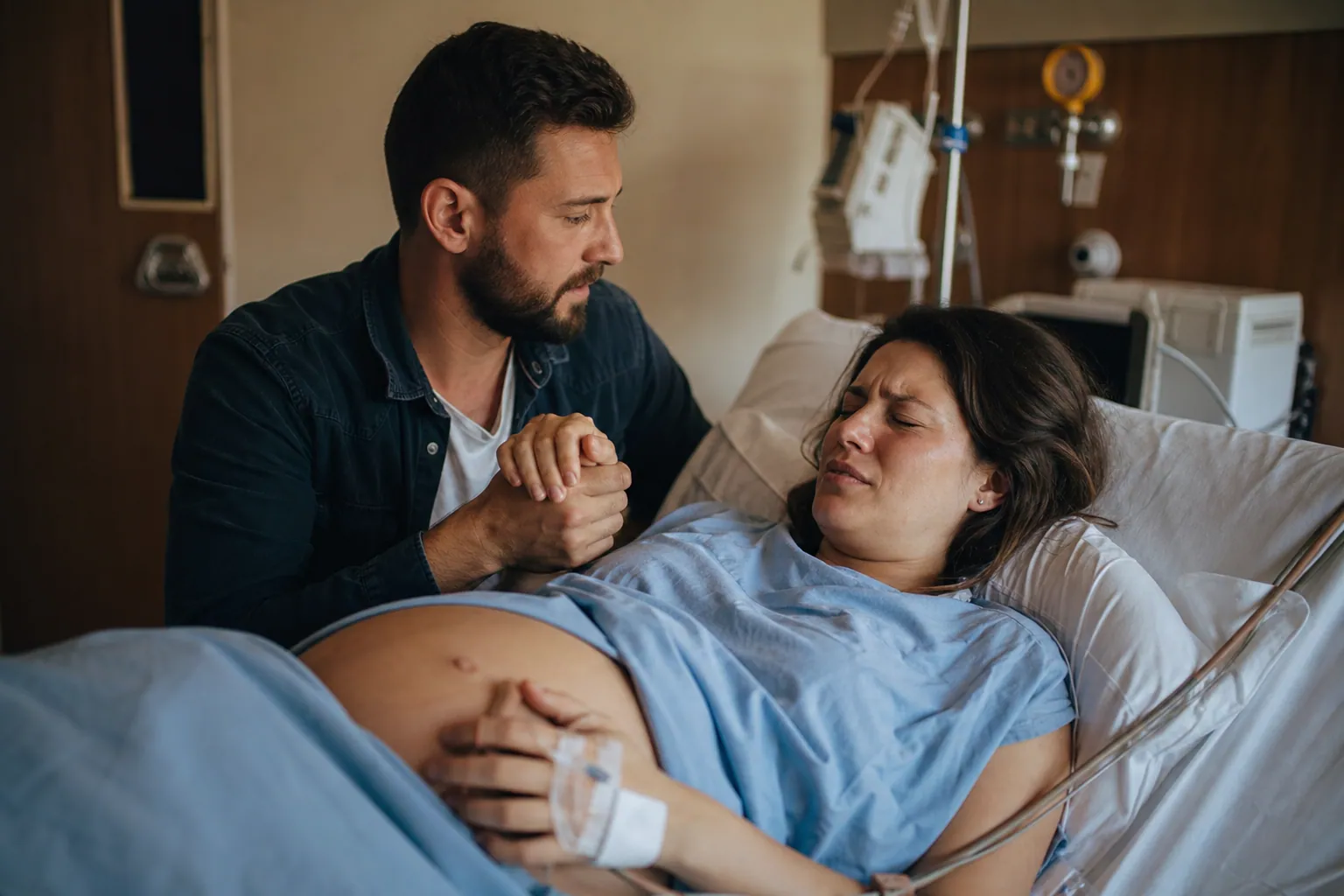 Un futur père soutient sa femme pendant son accouchement à la maternité.