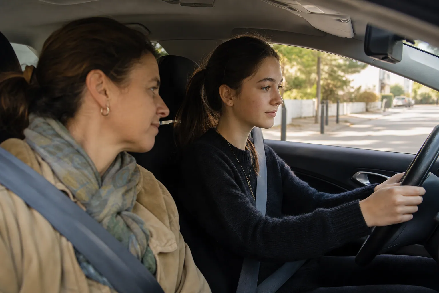 Parent français et adolescent au volant lors d’une conduite accompagnée