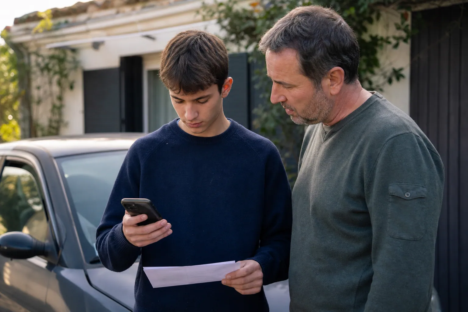 Jeune conducteur et parent comparant une assurance auto près d’une première voiture