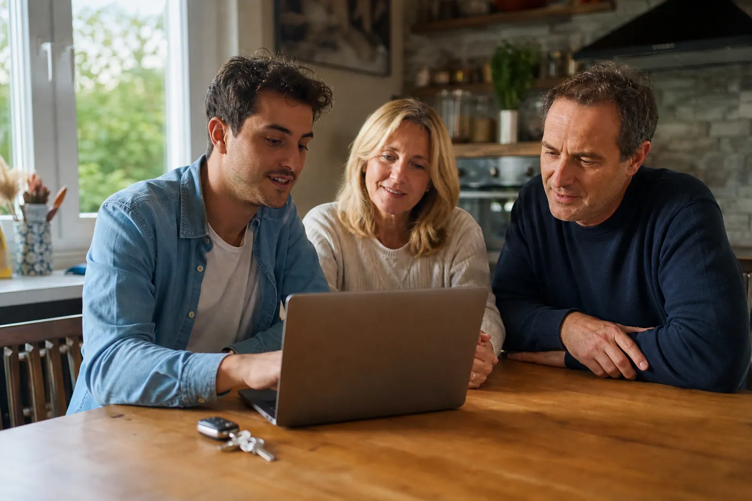 Parents et jeune conducteur comparant un devis d’assurance auto à la maison