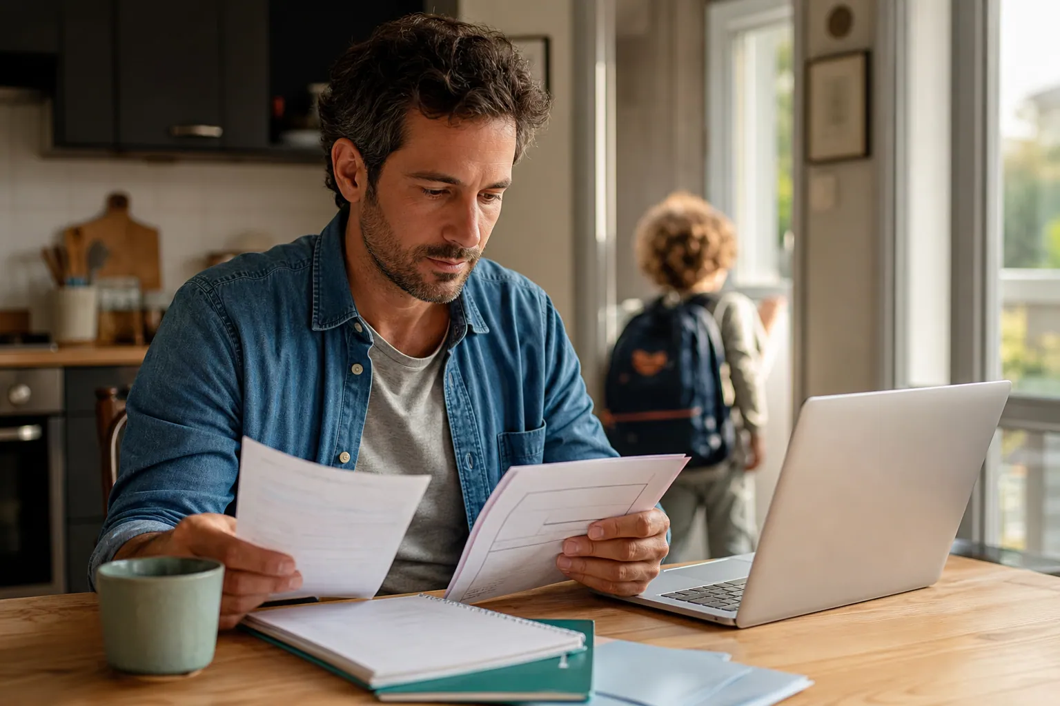 Un parent compare une attestation d’assurance et un document scolaire sur la table de la cuisine à la rentrée.