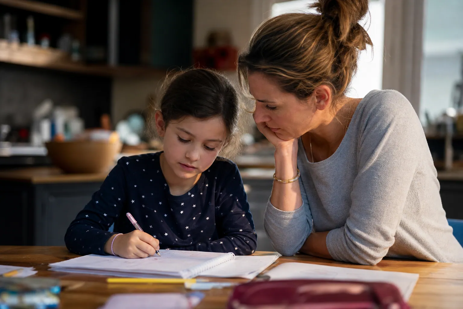 Parent aidant son enfant à faire ses devoirs à la maison, dans une ambiance calme.