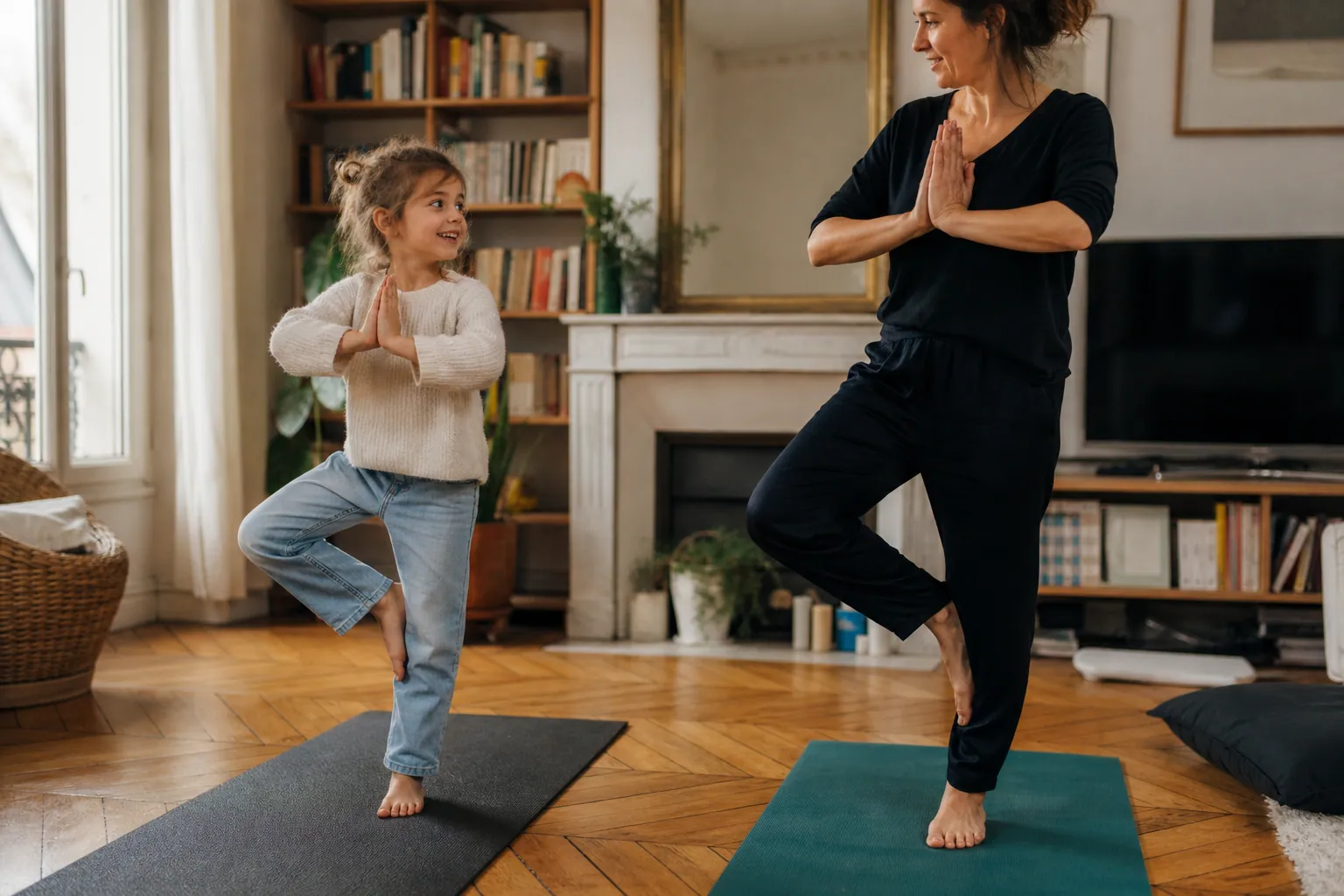Parent et enfant faisant du yoga ensemble à la maison, dans une ambiance douce et rassurante.