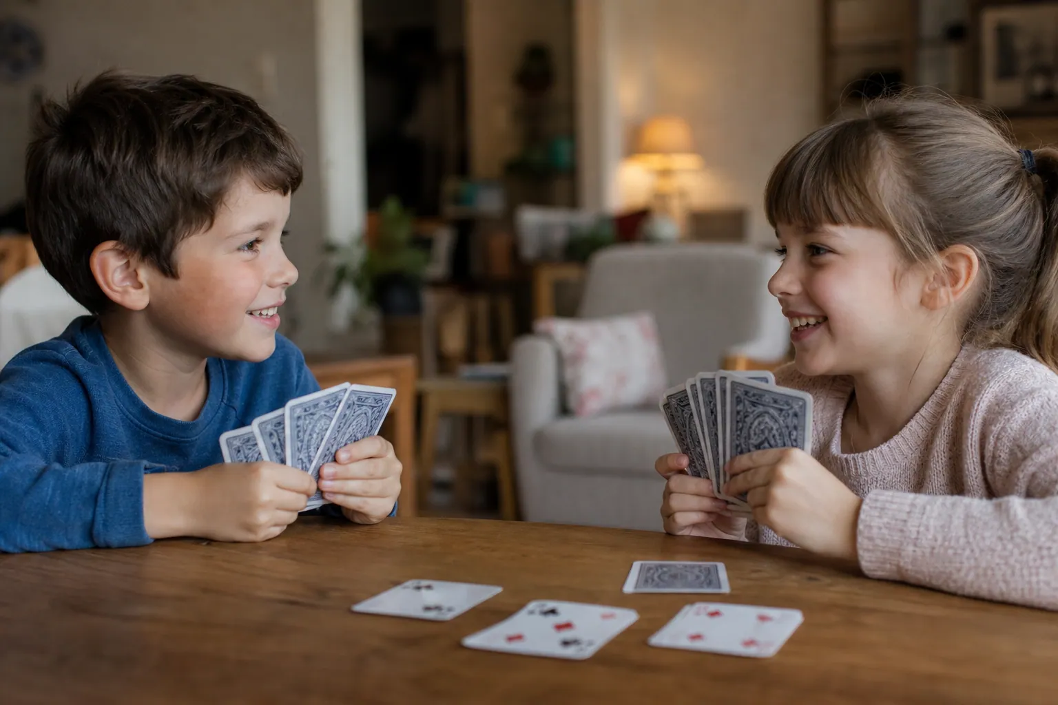 Deux enfants jouent à la bataille en retournant des cartes sur une table.