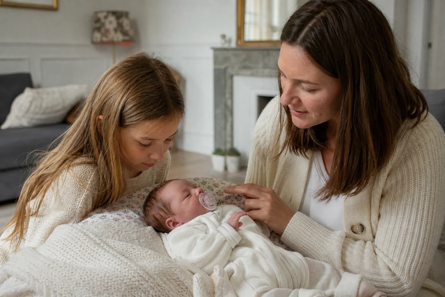 Parent et enfant découvrant une poupée reborn dans un salon lumineux
