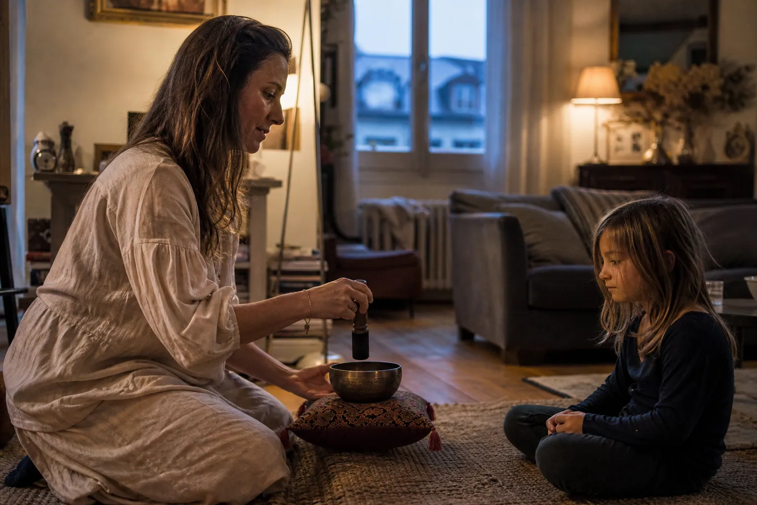 Parent faisant résonner un bol tibétain près d’un enfant assis calmement dans le salon.