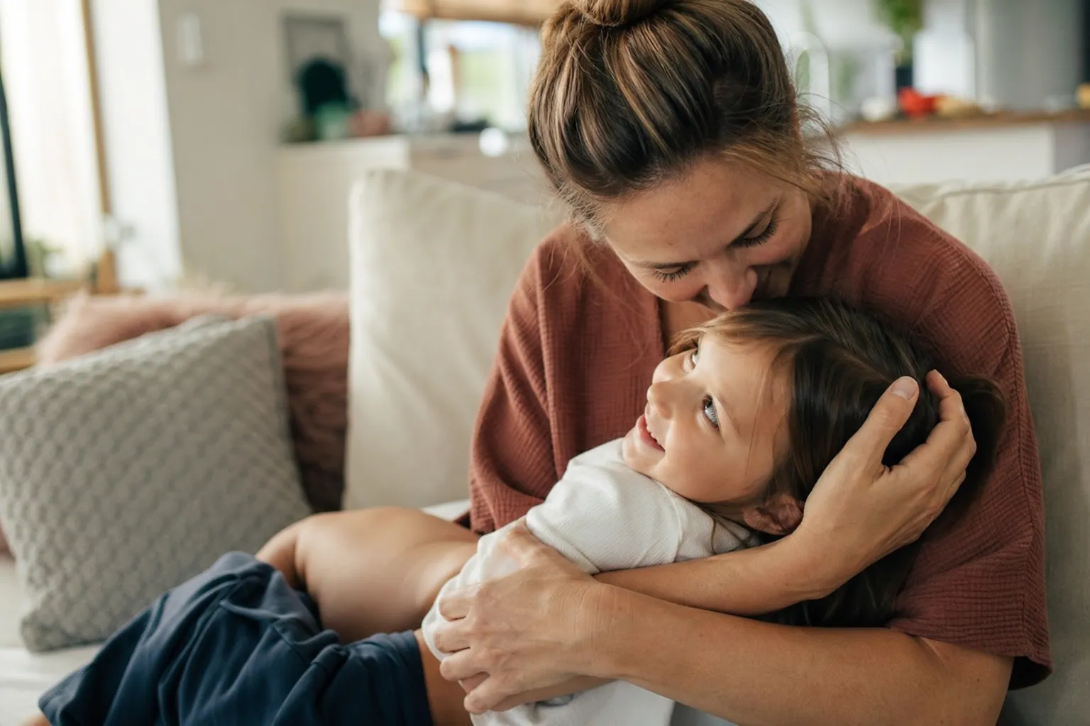 Un parent serre tendrement son jeune enfant dans ses bras sur un canapé pour le réconforter.