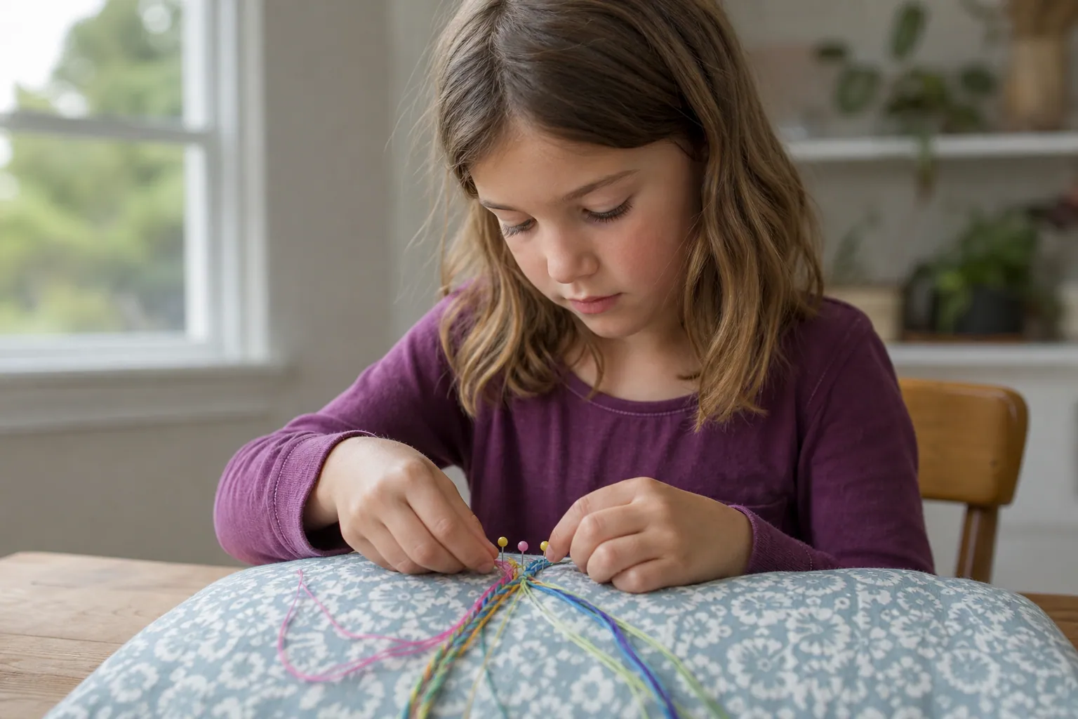 Un enfant tresse un bracelet brésilien coloré avec des fils épinglés sur un coussin.
