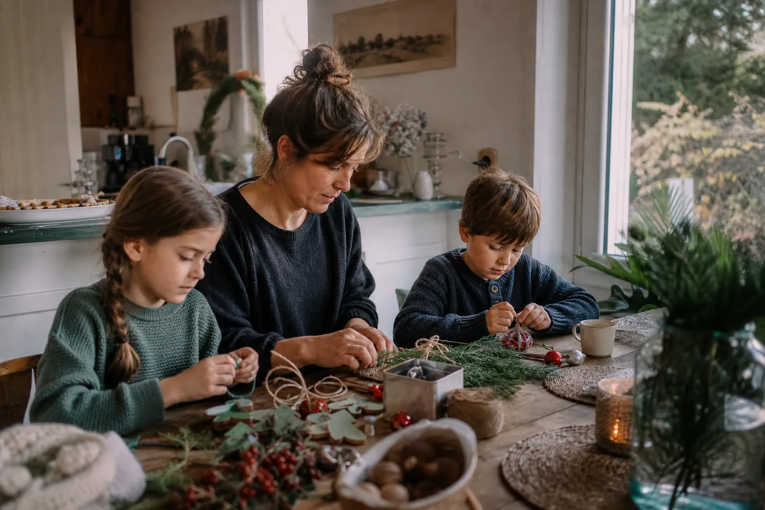 Parent et enfants fabriquant des décorations de Noël autour d’une table