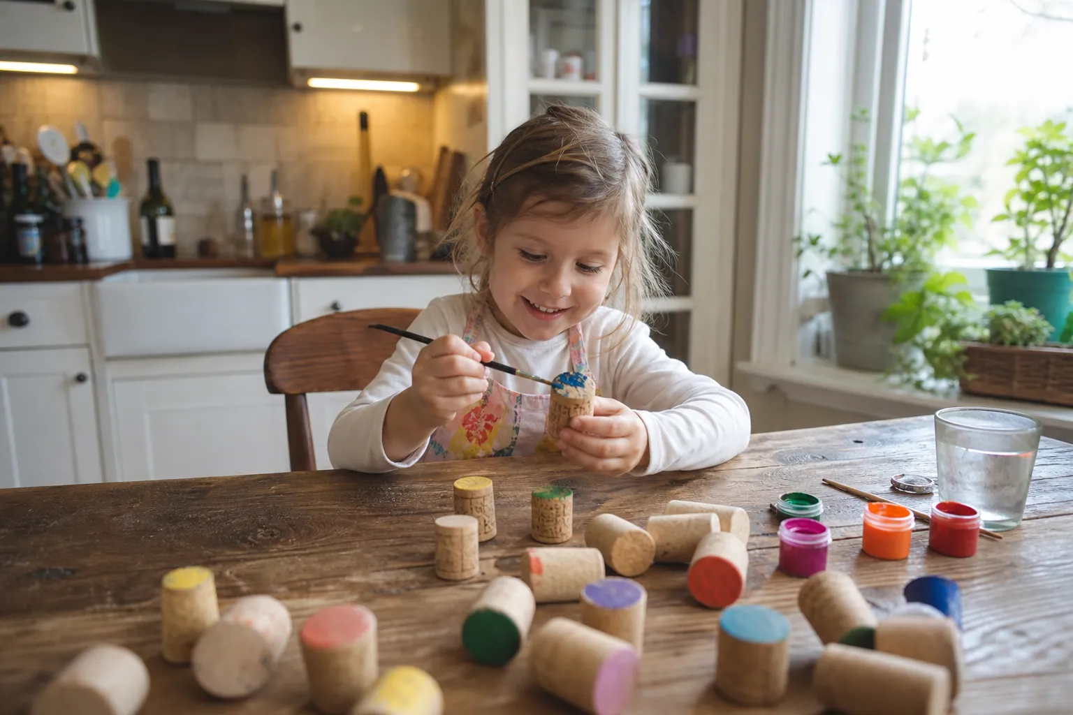 Un enfant peint des bouchons de liège colorés à table pour un bricolage fait maison