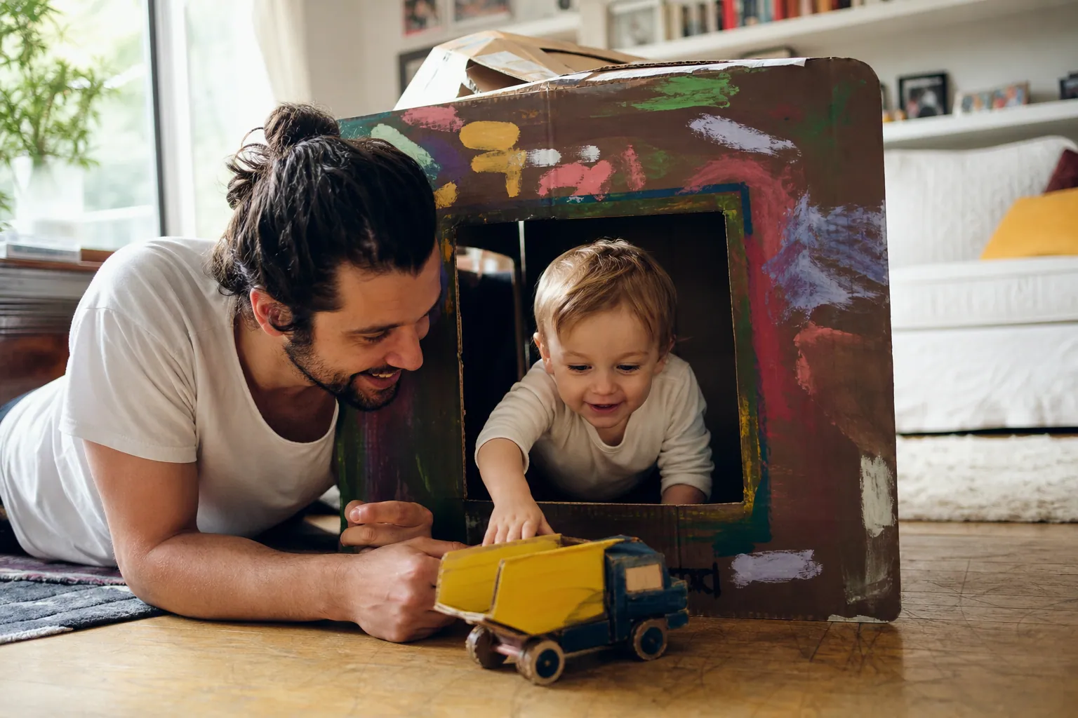 Parent et enfant jouant avec une boîte en carton peinte et transformée en maison de jeu